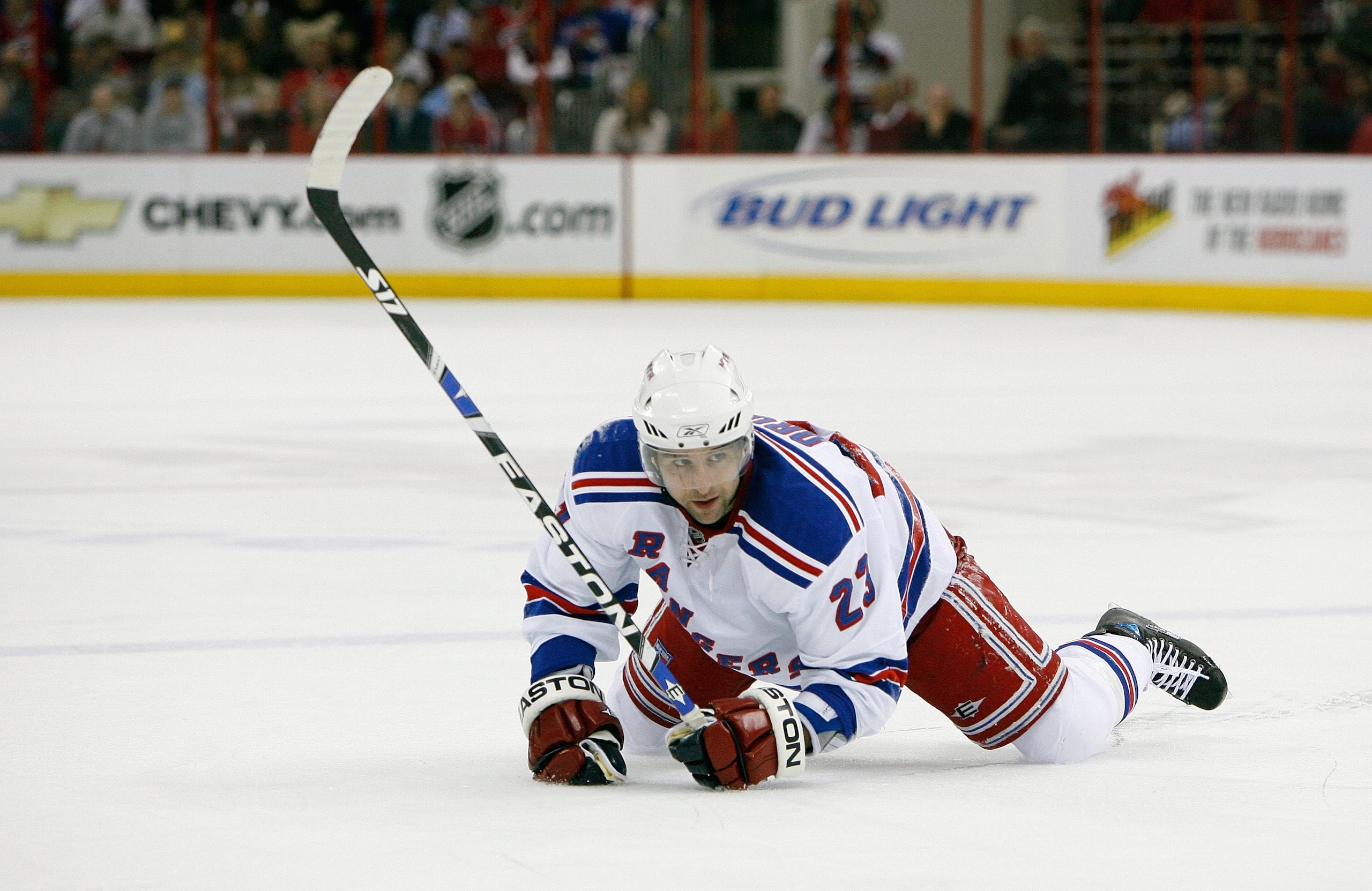 RALEIGH, NC - JANUARY 29:  Chris Drury #23 of the New York Rangers falls to his knees and elbows during NHL game action against the Carolina Hurricanes at RBC Center on January 29, 2008 in Raleigh, North Carolina. The Hurricanes defeated Rangers 3-1.  (Ph