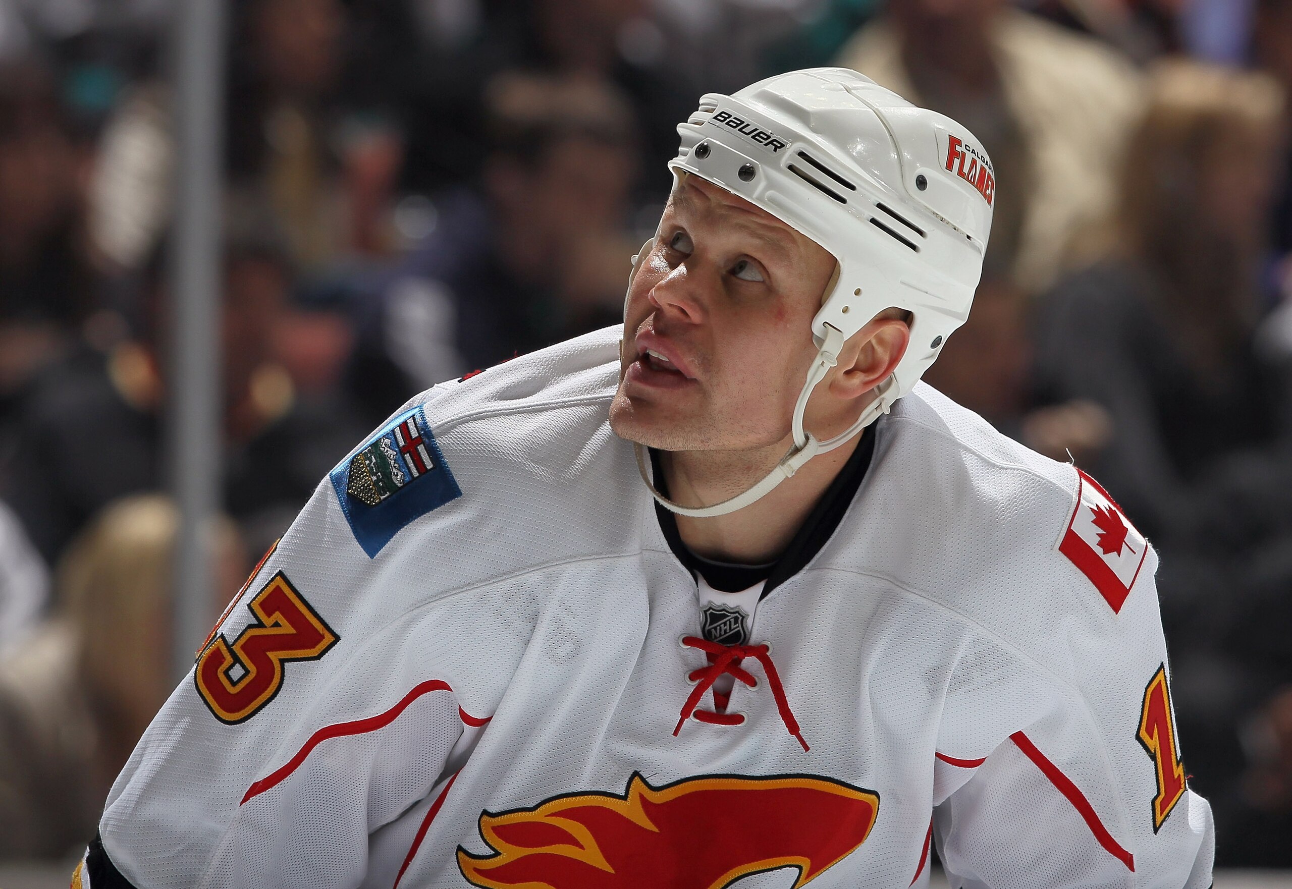 ANAHEIM, CA - DECEMBER 10:  Olli Jokinen #13 of the Calgary Flames looks on against the Anaheim Ducks at the Honda Center on December 10, 2010 in Anaheim, California.  (Photo by Jeff Gross/Getty Images)