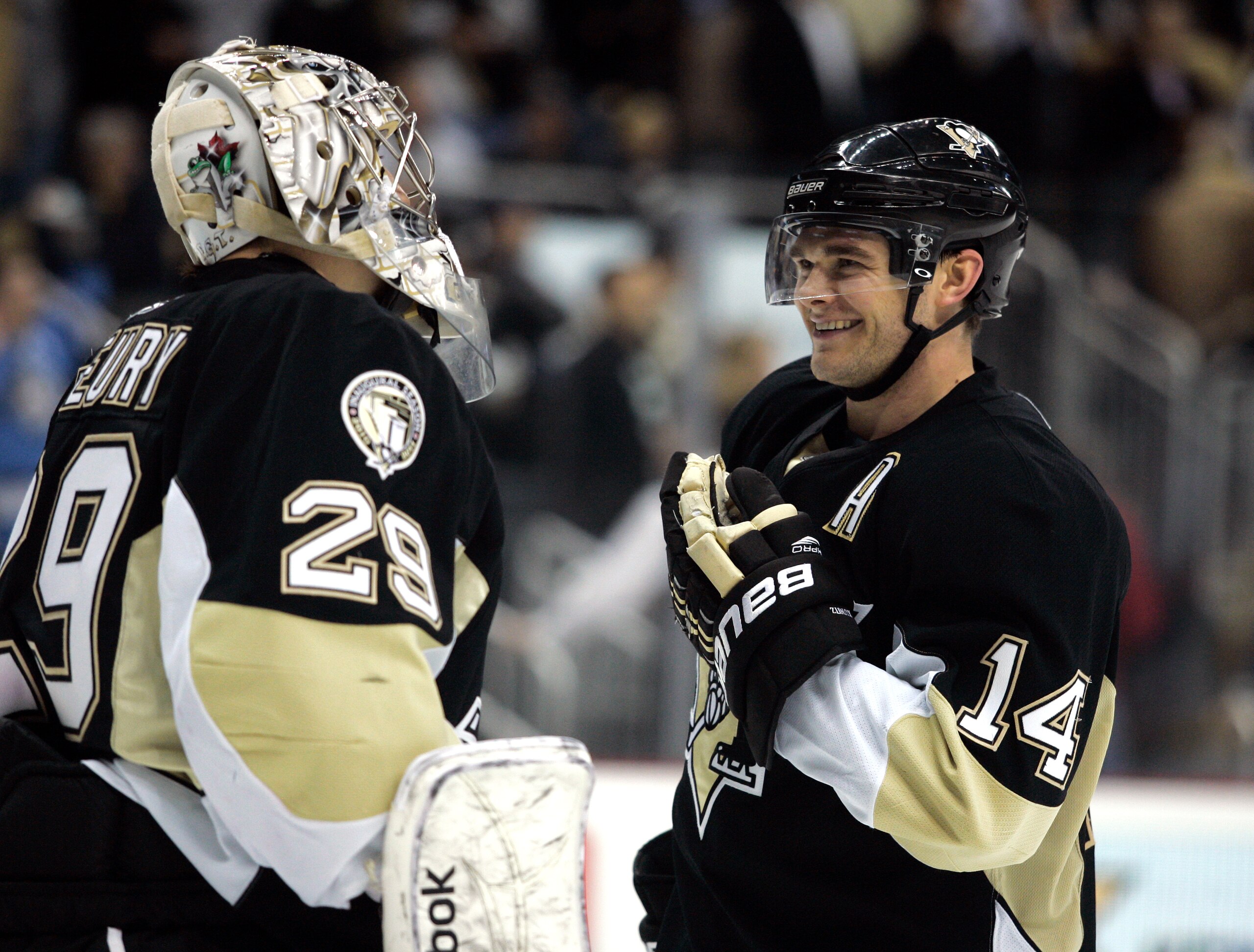 PITTSBURGH, PA - FEBRUARY 02: Chris Kunitz #14 of the Pittsburgh Penguins jokes with Marc-Andre Fleury #29 as he comes in for Brent Johnson #1 (not pictured) who was ejected from the game after a fight at Consol Energy Center on February 2, 2011 in Pitts PITTSBURGH, PA - FEBRUARY 02: Chris Kunitz #14 of the Pittsburgh Penguins jokes with Marc-Andre Fleury #29 as he comes in for Brent Johnson #1 (not pictured) who was ejected from the game after a fight at Consol Energy Center on February 2, 2011 in Pitts