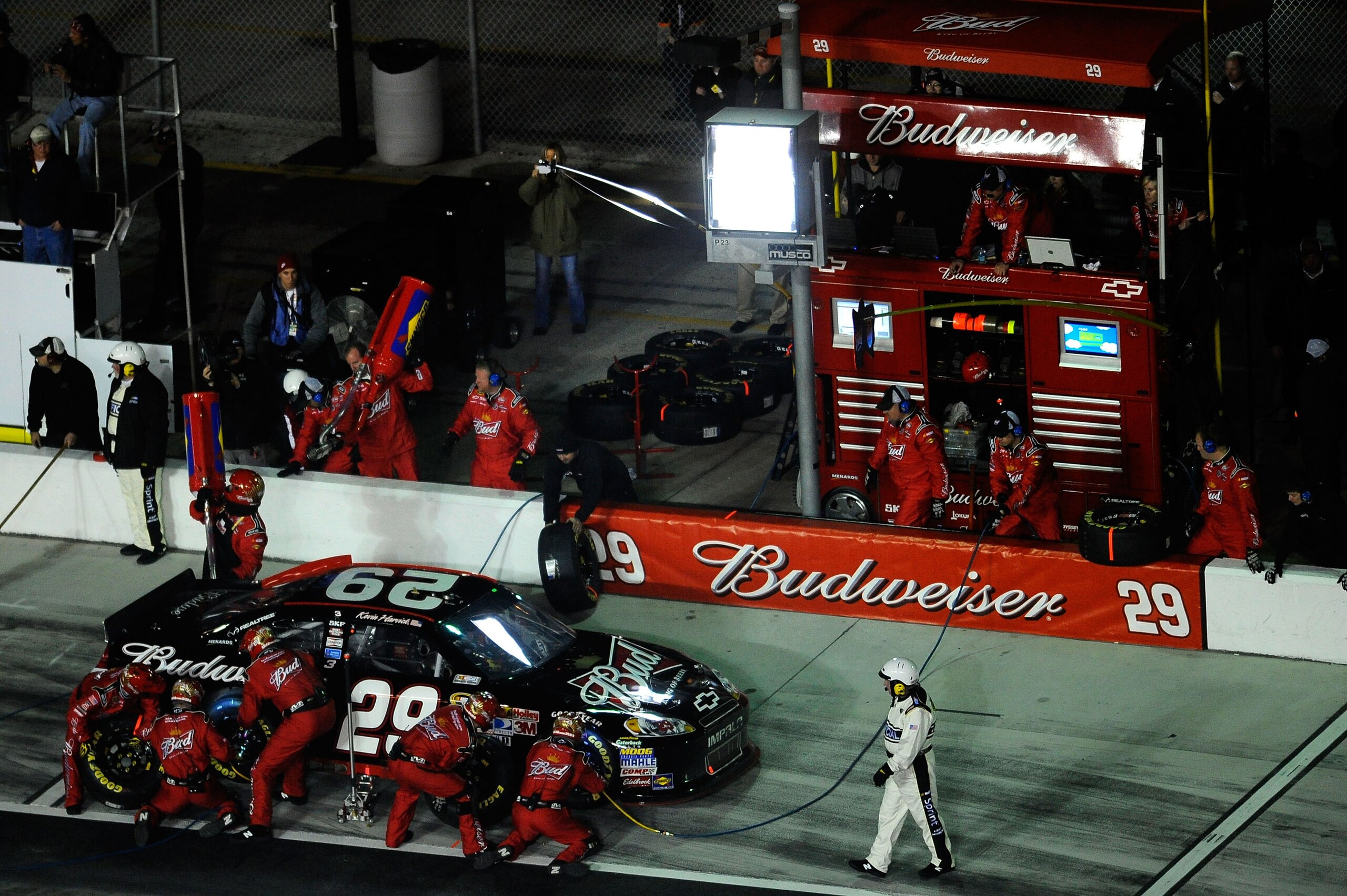 DAYTONA BEACH, FL - FEBRUARY 12:  Kevin Harvick, driver of the #29 Budweiser Chevrolet, pits during the NASCAR Budweiser Shootout at Daytona International Speedway on February 12, 2011 in Daytona Beach, Florida.  (Photo by Jared C. Tilton/Getty Images for