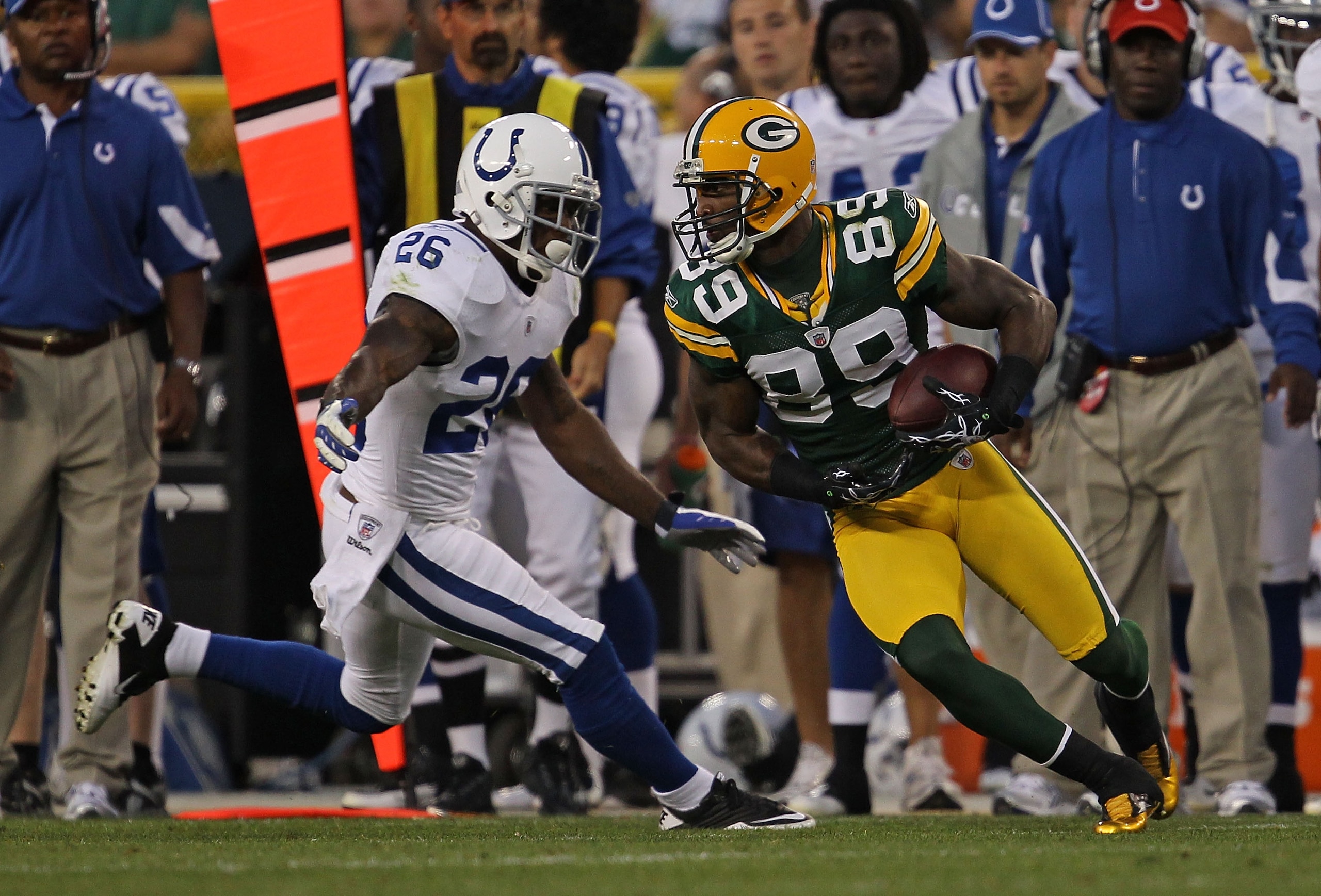 GREEN BAY, WI - AUGUST 26: James Jones #89 of the Green Bay Packers moves against Kelvin Hayden #26 of the Indianapolis Colts during a preseason game at Lambeau Field on August 26, 2010 in Green Bay, Wisconsin. The Packers defeated the Colts 59-24. (Photo