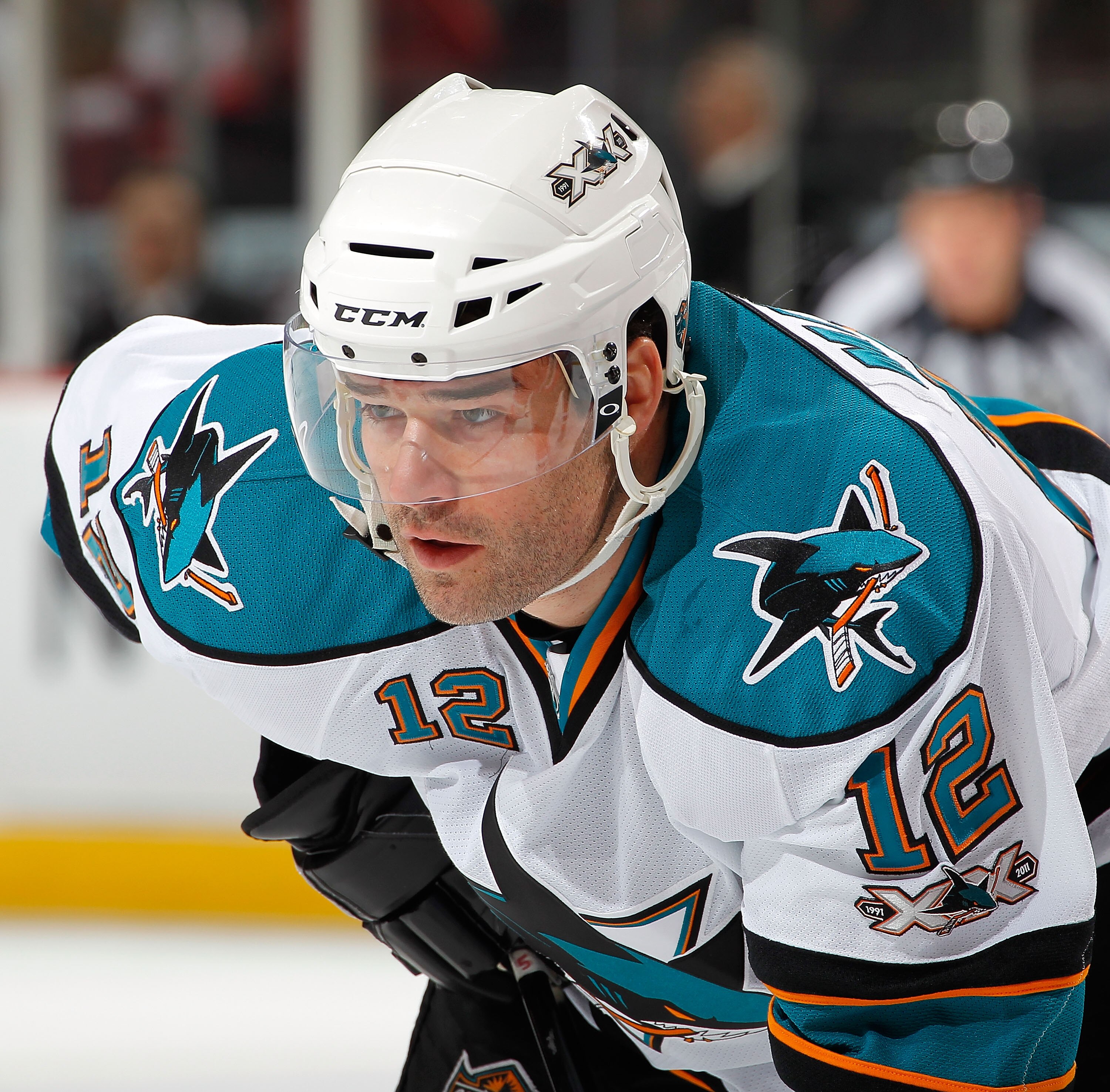 NEWARK, NJ - FEBRUARY 11: Patrick Marleau #12 of the San Jose Sharks waits for a faceoff during an NHL hockey game against the New Jersey Devils on February 11, 2011 at the Prudential Center in Newark, New Jersey. (Photo by Paul Bereswill/Getty Images)