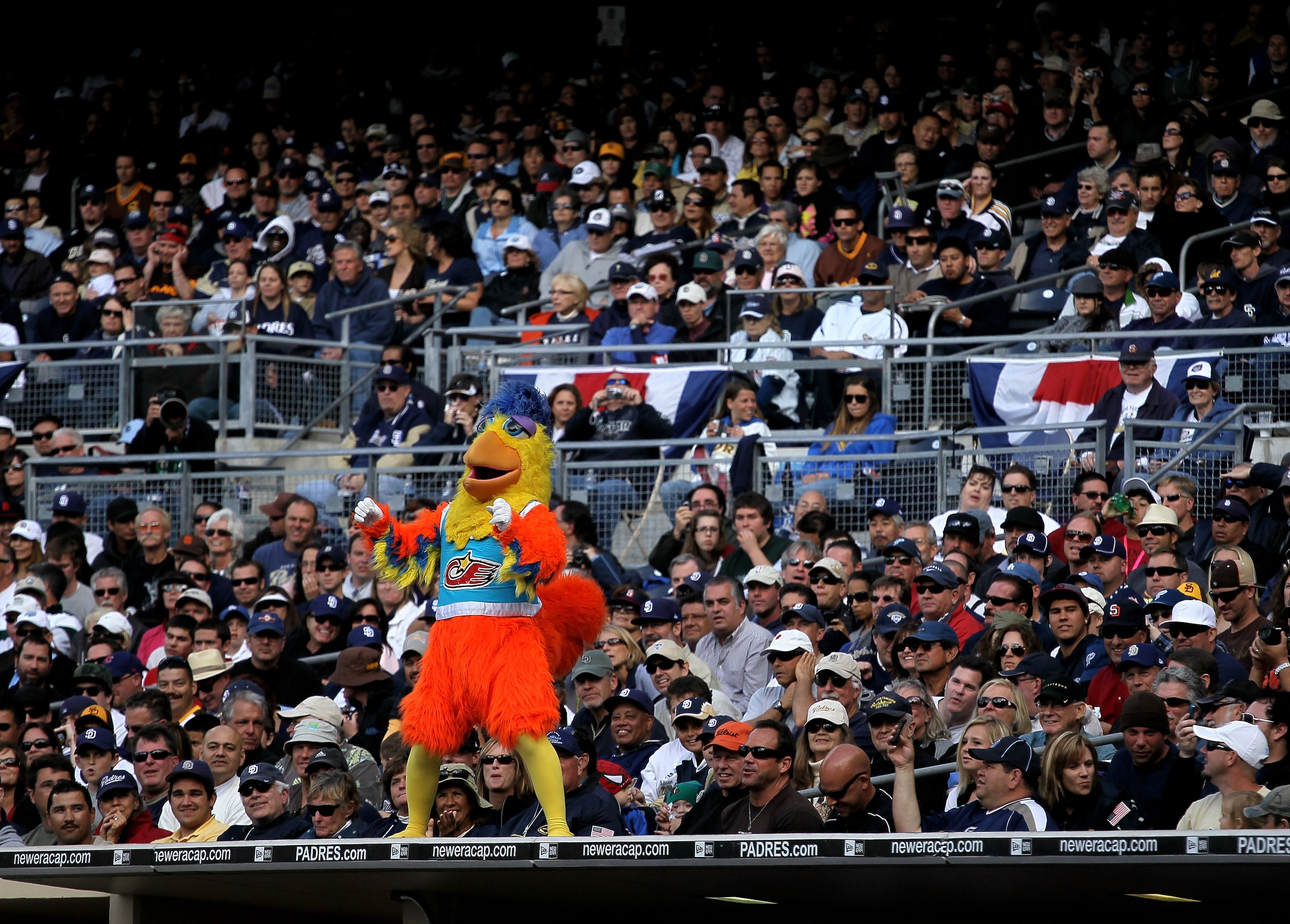 SAN DIEGO - APRIL 12:   The San Diego Chicken performs during the game between the Atlanta Braves and the San Diego Padres on April 12, 2010 at Petco Park in San Diego, California.    (Photo by Stephen Dunn/Getty Images)