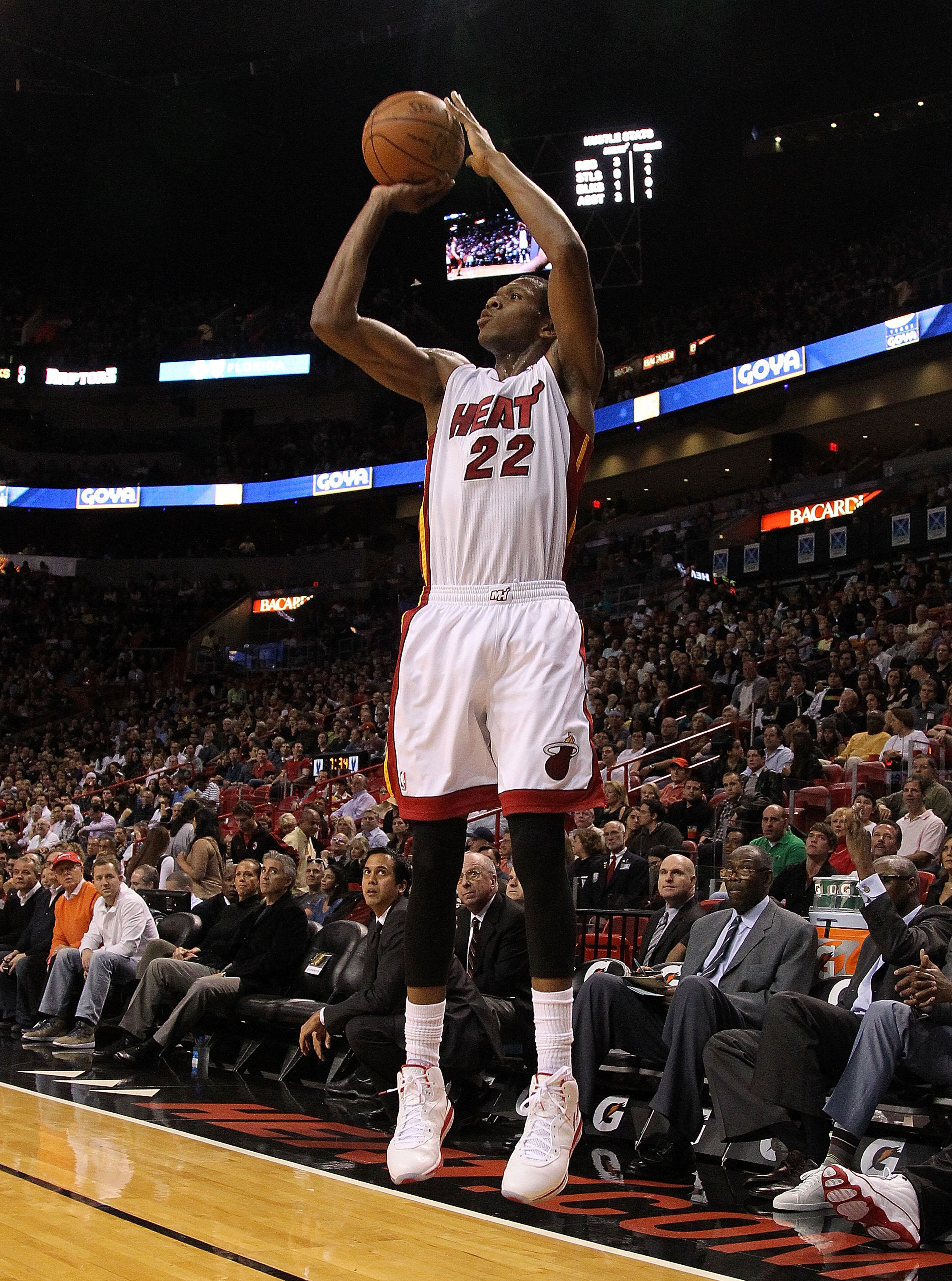 MIAMI, FL - JANUARY 22: James Jones #22 of the Miami Heat shoots a jumpshot during a game against the Toronto Raptors at American Airlines Arena on January 22, 2011 in Miami, Florida. NOTE TO USER: User expressly acknowledges and agrees that, by downloadi MIAMI, FL - JANUARY 22: James Jones #22 of the Miami Heat shoots a jumpshot during a game against the Toronto Raptors at American Airlines Arena on January 22, 2011 in Miami, Florida. NOTE TO USER: User expressly acknowledges and agrees that, by downloadi