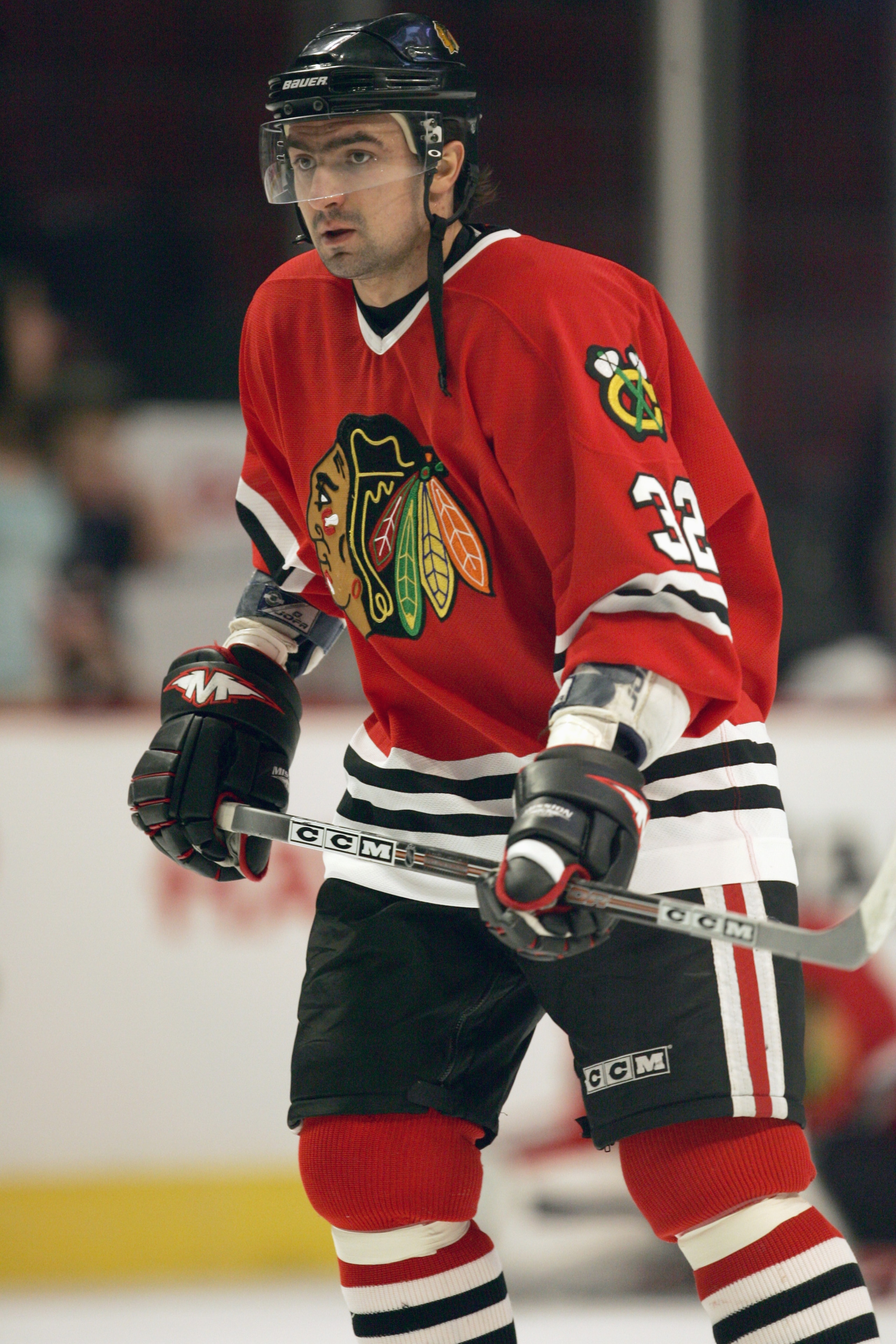 CHICAGO - JANUARY 19:  Pavel Vorobiev #32 of the Chicago Blackhawks looks on against the Colorado Avalanche on January 19, 2006 at the United Center in Chicago, Illinois. The Blackhawks won 4-2.  (Photo by Jonathan Daniel/Getty Images)