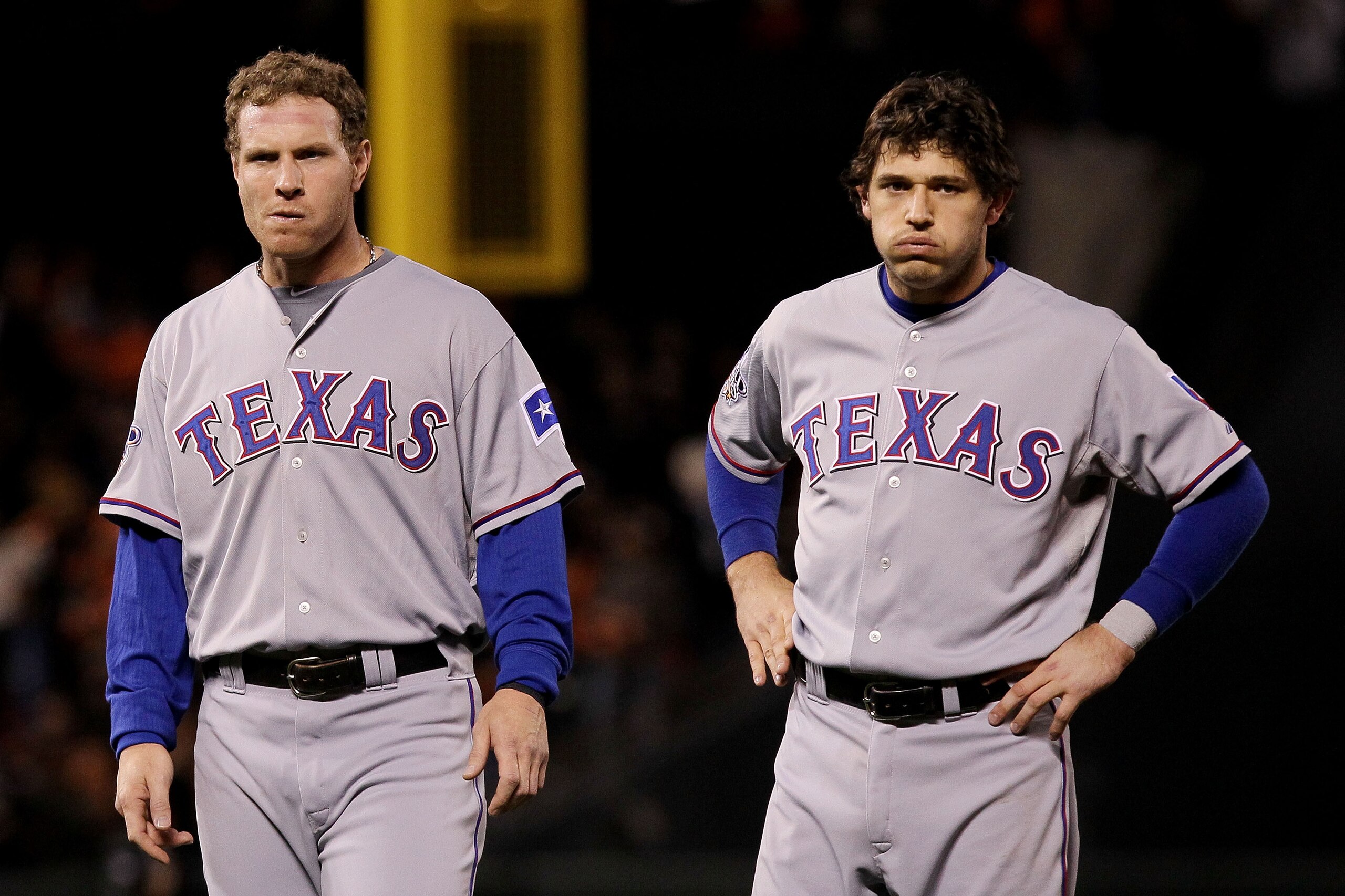 SAN FRANCISCO - OCTOBER 28: (L-R) Josh Hamilton #32 and Ian Kinsler #5 of the Texas Rangers look on after the end of the top of the sixth inning while taking on the San Francisco Giants in Game Two of the 2010 MLB World Series at AT&T Park on October 28, SAN FRANCISCO - OCTOBER 28: (L-R) Josh Hamilton #32 and Ian Kinsler #5 of the Texas Rangers look on after the end of the top of the sixth inning while taking on the San Francisco Giants in Game Two of the 2010 MLB World Series at AT&T Park on October 28,