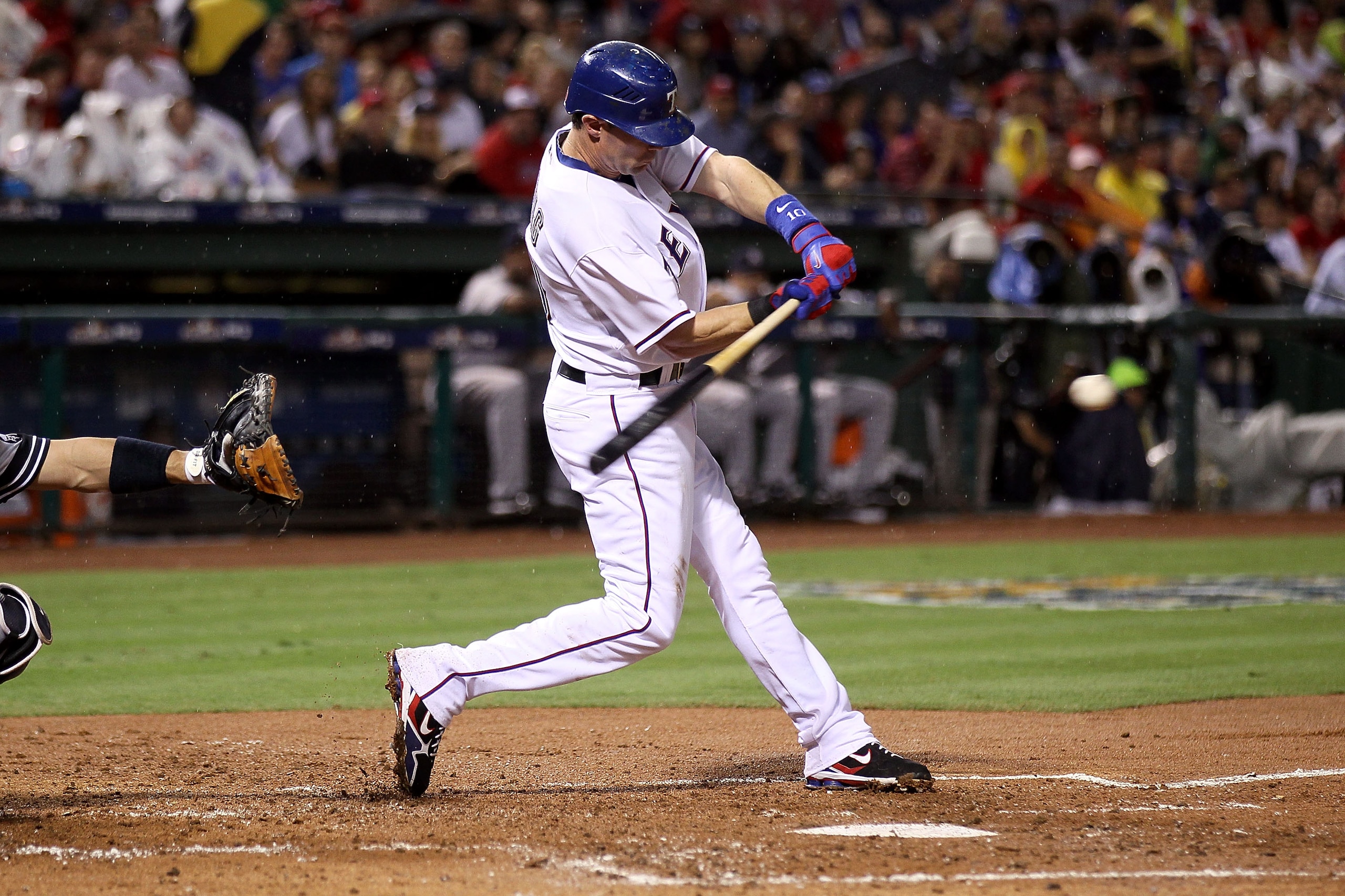 ARLINGTON, TX - OCTOBER 22: Michael Young #10 of the Texas Rangers bats against the New York Yankees in Game Six of the ALCS during the 2010 MLB Playoffs at Rangers Ballpark in Arlington on October 22, 2010 in Arlington, Texas. The Rangers won 6-1. (Pho ARLINGTON, TX - OCTOBER 22: Michael Young #10 of the Texas Rangers bats against the New York Yankees in Game Six of the ALCS during the 2010 MLB Playoffs at Rangers Ballpark in Arlington on October 22, 2010 in Arlington, Texas. The Rangers won 6-1. (Pho