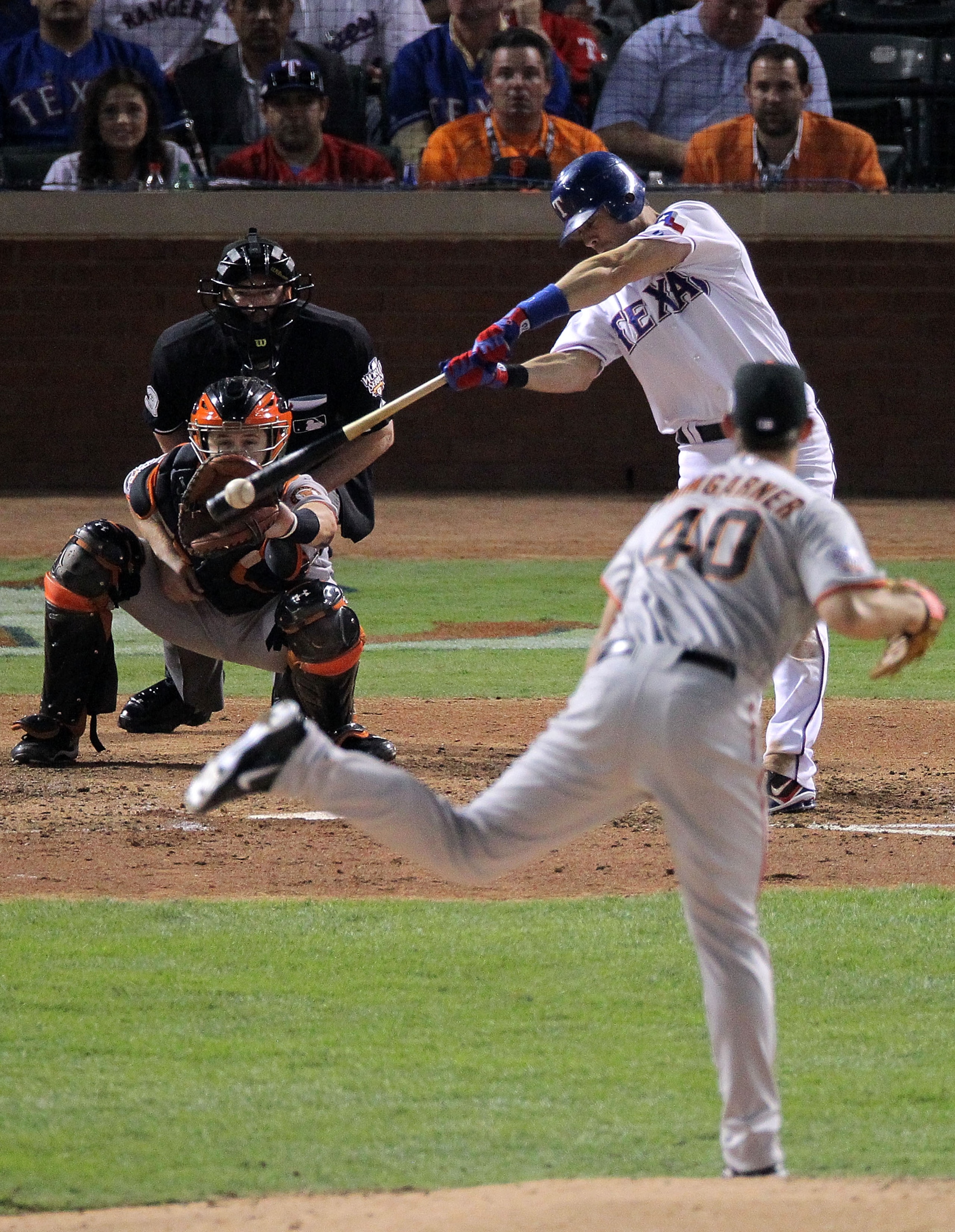 ARLINGTON, TX - OCTOBER 31: Michael Young #10 of the Texas Rangers hits a single against the San Francisco Giants in the fourth inning in Game Four of the 2010 MLB World Series at Rangers Ballpark in Arlington on October 31, 2010 in Arlington, Texas. (P ARLINGTON, TX - OCTOBER 31: Michael Young #10 of the Texas Rangers hits a single against the San Francisco Giants in the fourth inning in Game Four of the 2010 MLB World Series at Rangers Ballpark in Arlington on October 31, 2010 in Arlington, Texas. (P