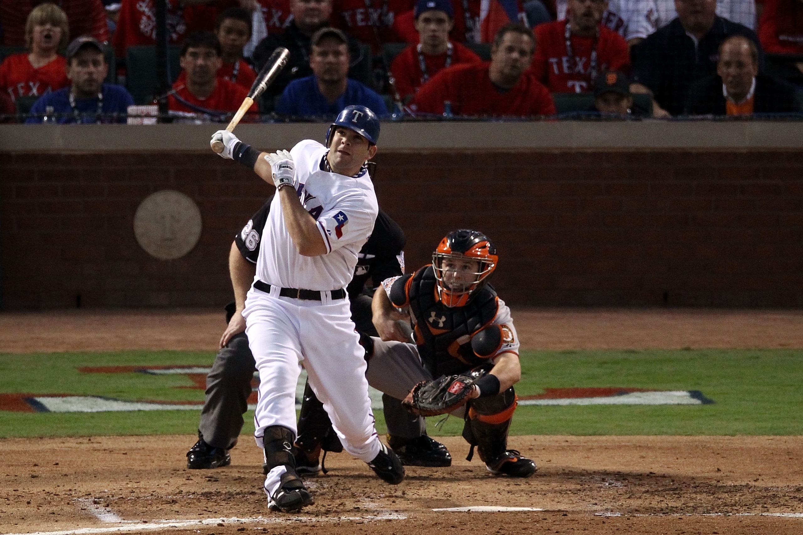 ARLINGTON, TX - OCTOBER 30: Mitch Moreland #18 of the Texas Rangers hits a 3-run home run in the bottom of the second inning against the San Francisco Giants in Game Three of the 2010 MLB World Series at Rangers Ballpark in Arlington on October 30, 2010 ARLINGTON, TX - OCTOBER 30: Mitch Moreland #18 of the Texas Rangers hits a 3-run home run in the bottom of the second inning against the San Francisco Giants in Game Three of the 2010 MLB World Series at Rangers Ballpark in Arlington on October 30, 2010