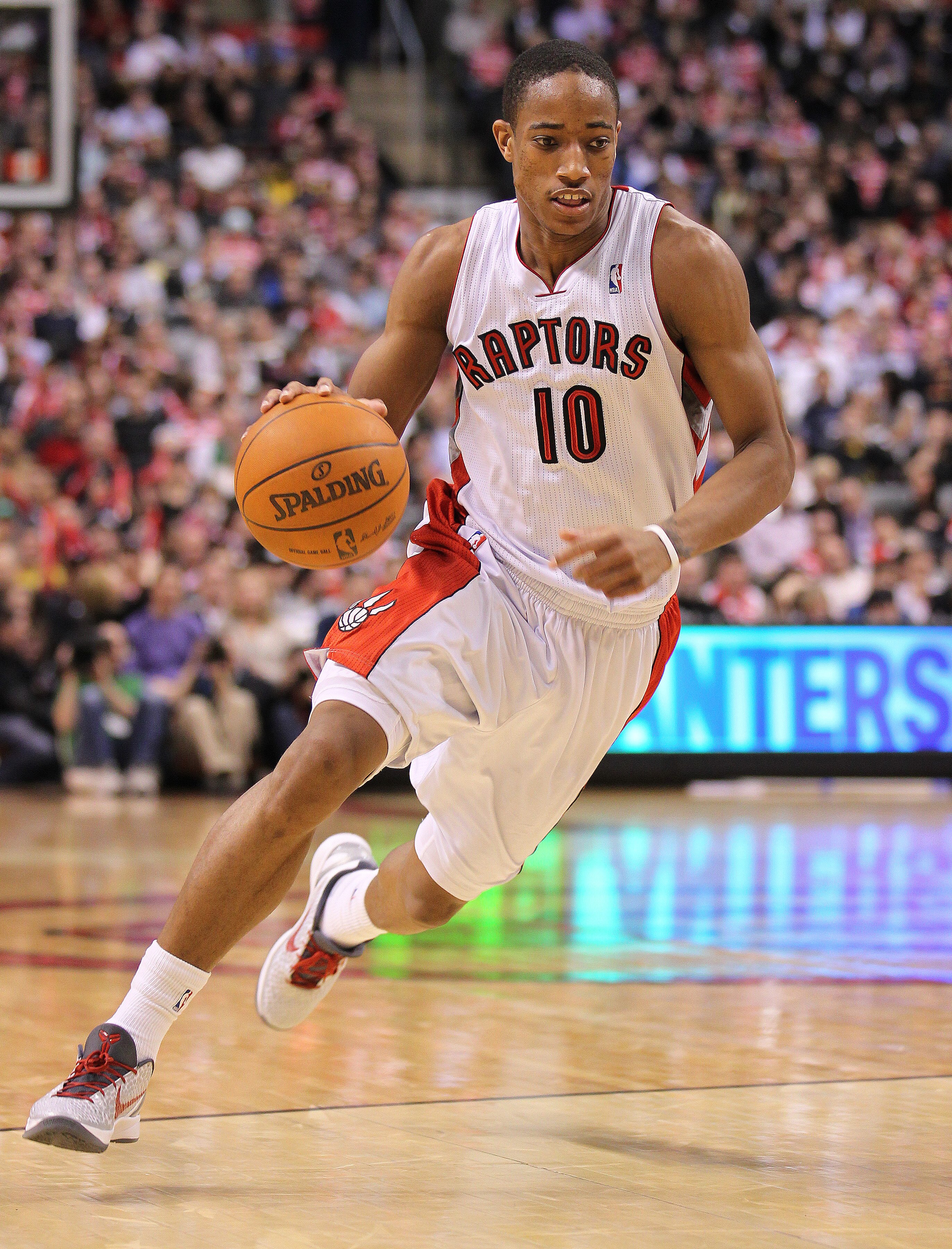 TORONTO, CAN - FEBRUARY 16:  DeMar DeRozan #10 of the Toronto Raptors drives with the ball a game against the Miami Heat on February 16, 2011 at the Air Canada Centre in Toronto, Canada. The Heat defeated the Raptors 103-95. (Photo by Claus Andersen/Getty