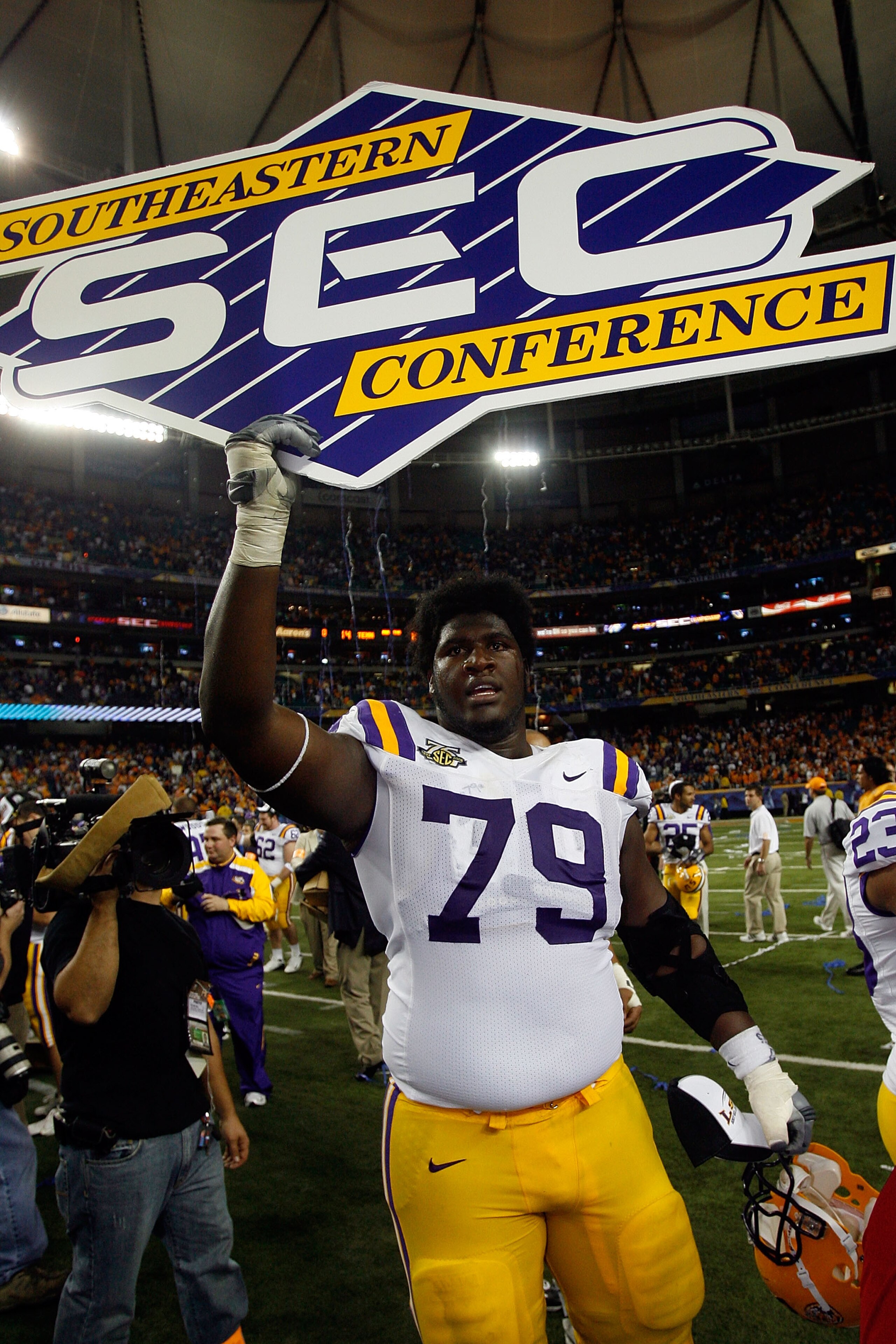 ATLANTA - DECEMBER 01:  Herman Johnson #79  of the Louisiana State University Tigers celebrates after defeating the University of Tennessee Volunteers, 21-14 in the SEC Championship game on December 1, 2007 at the Georgia Dome in Atlanta, Georgia.  (Photo