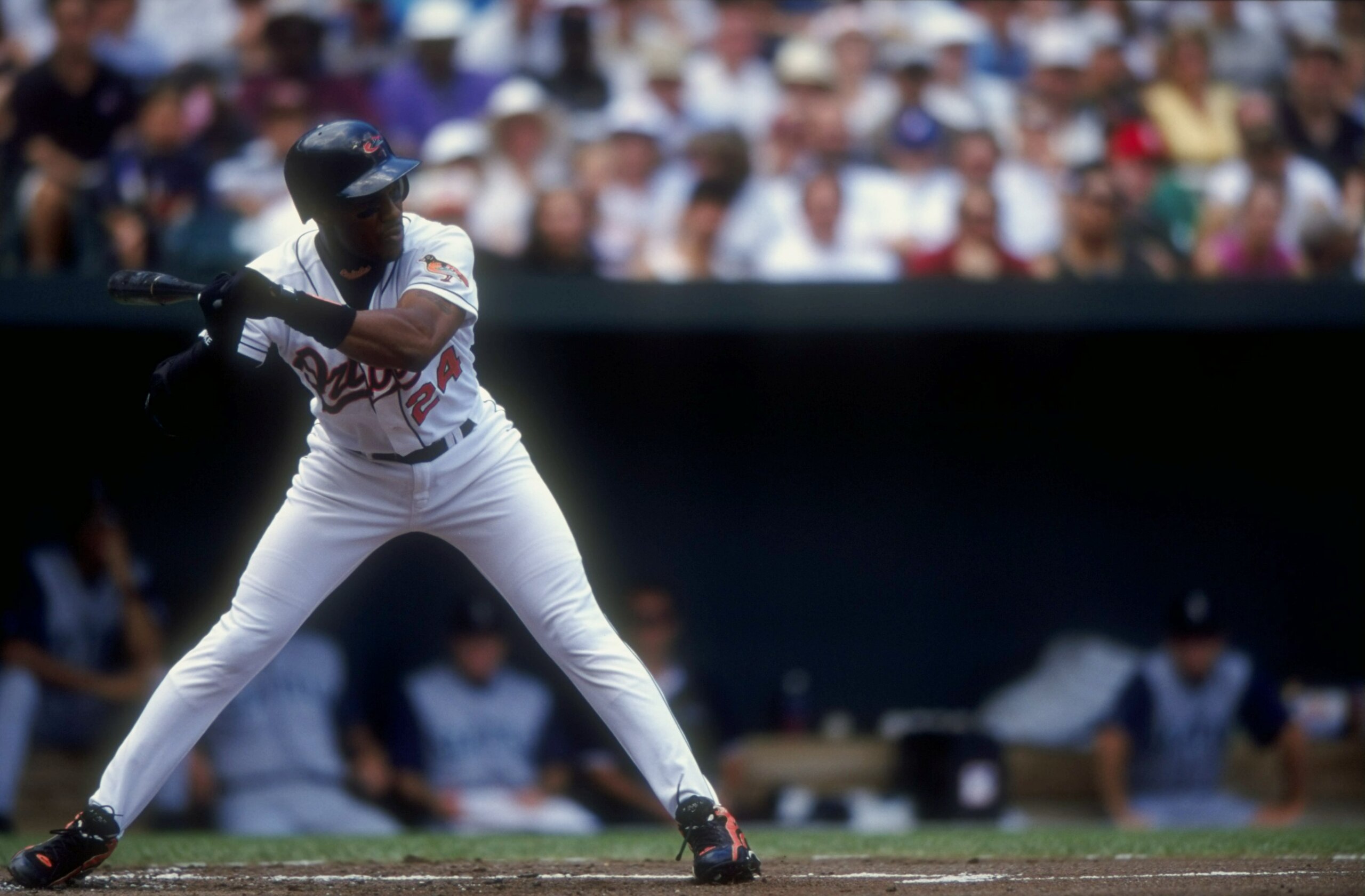 25 Jul 1998:  Outfielder Eric Davis #24 of the Baltimore Orioles in action during a game against the Seattle Mariners at the Camden Yards in Baltimore, Maryland. The Mariners defeated the Orioles 4-2. Mandatory Credit: Doug Pensinger  /Allsport