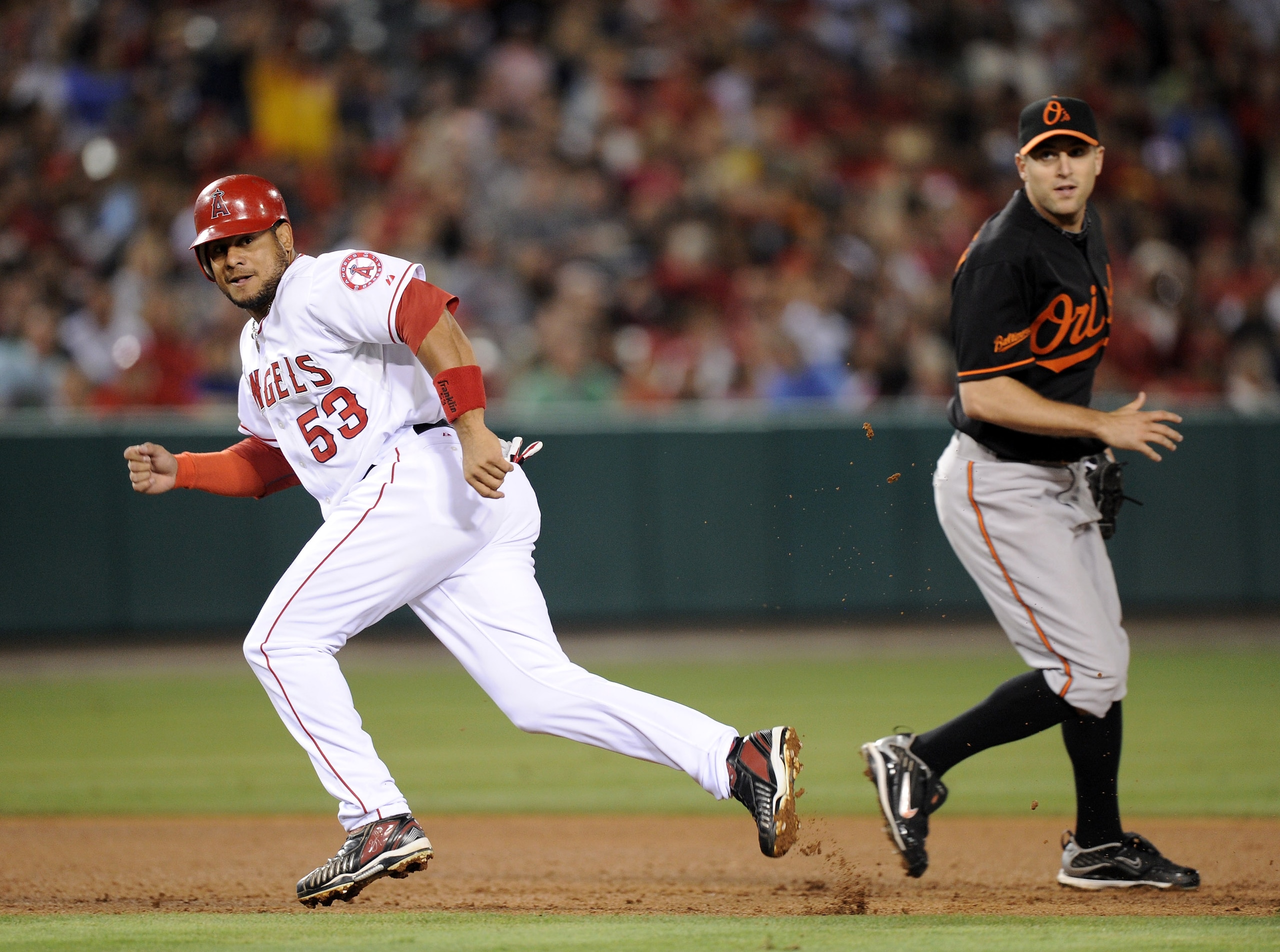 ANAHEIM, CA - AUGUST 27:  Bobby Abreu #53 of the Los Angeles Angels of Anaheim gets caught in a run down with Brad Bergesen #35 of the Baltimore Orioles during the sixth inning on August 27, 2010 in Anaheim, California.  (Photo by Harry How/Getty Images)