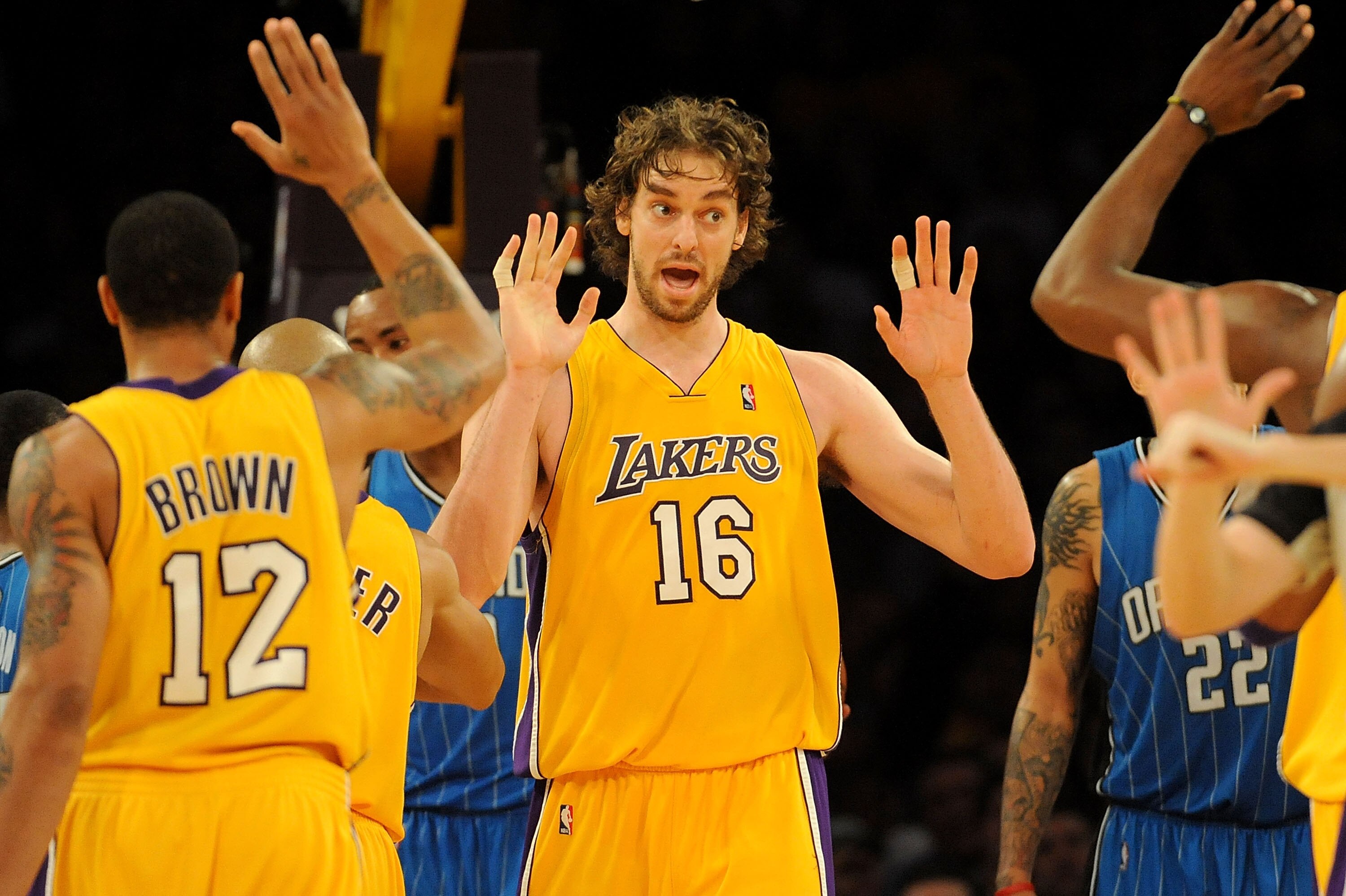 LOS ANGELES, CA - JANUARY 18:  Pau Gasol #16 of the Los Angeles Lakers reacts after making a basket and getting fouled in the fourth quarter during the game against the Orlando Magic on January 18, 2010 at Staples Center in Los Angeles, California. NOTE T