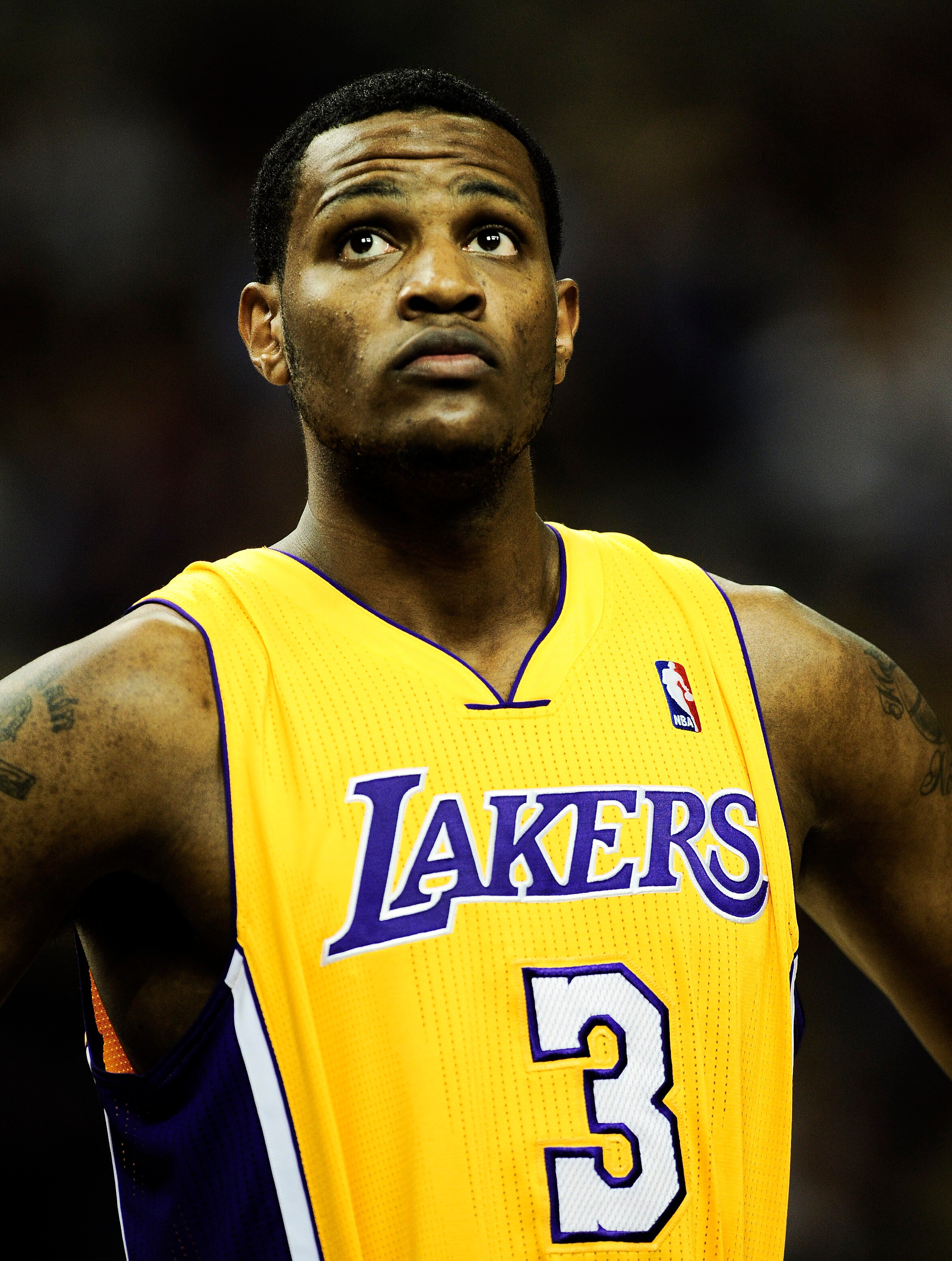 BARCELONA, SPAIN - OCTOBER 07:  Devin Ebanks #3 of the Los Angeles Lakers looks on during the NBA Europe Live match between Los Angeles Lakers and Regal FC Barcelona at the at Palau Blaugrana on October 7, 2010 in Barcelona, Spain.  (Photo by David Ramos/