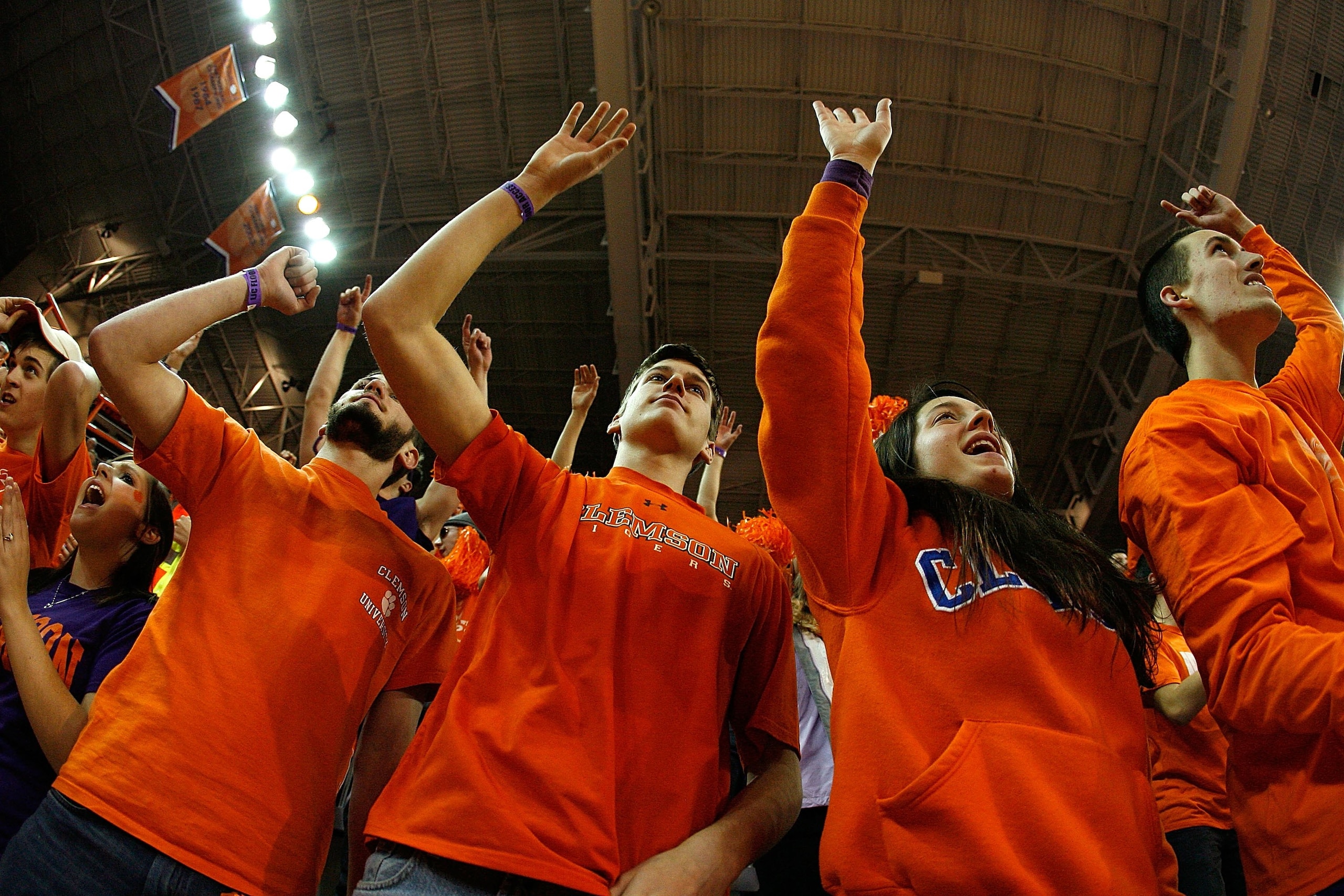 CLEMSON, SC - JANUARY 13:  Fans of the Clemson Tigers cheer during the game against the North Carolina Tar Heels at Littlejohn Coliseum on January 13, 2010 in Clemson, South Carolina.  (Photo by Kevin C. Cox/Getty Images)