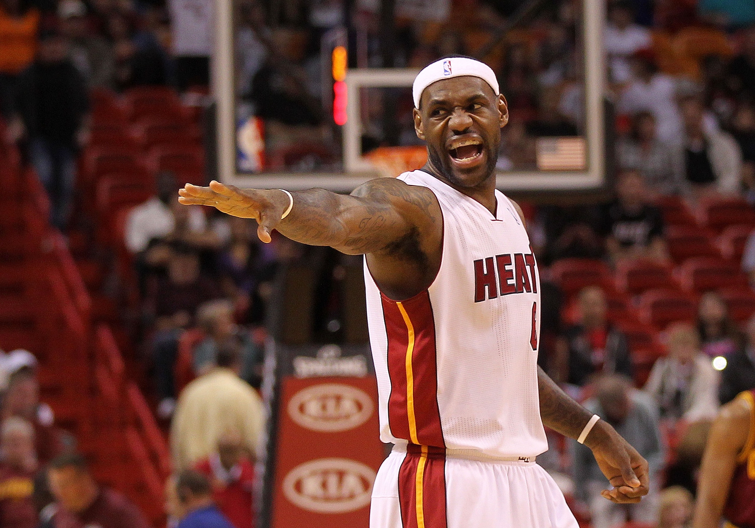 MIAMI, FL - JANUARY 31: LeBron James #6 of the Miami Heat points to a referee during a game against the Cleveland Cavaliers at American Airlines Arena on January 31, 2011 in Miami, Florida. NOTE TO USER: User expressly acknowledges and agrees that, by dow
