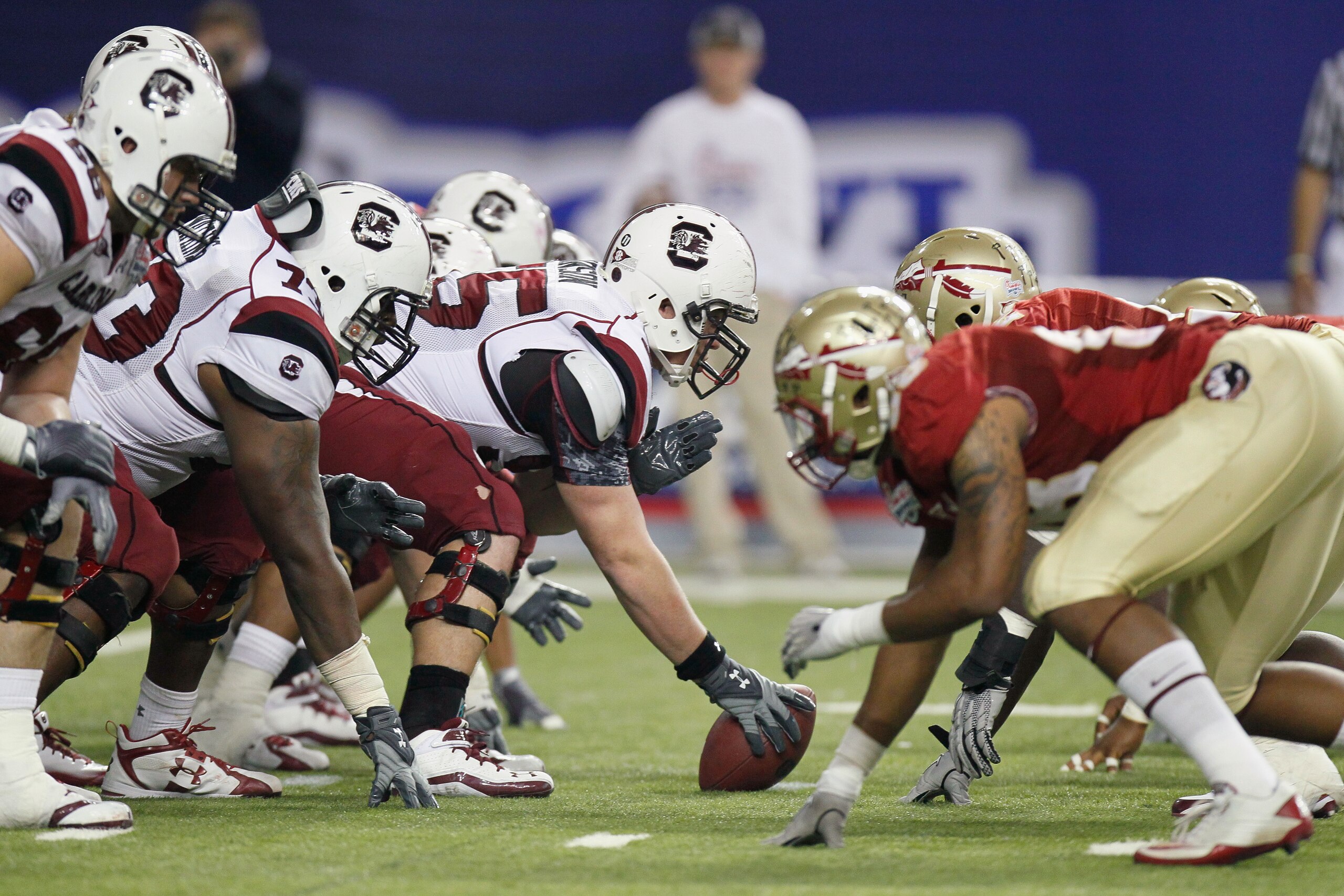 ATLANTA, GA - DECEMBER 31: The South Carolina Gamecocks against the Florida State Seminoles during the 2010 Chick-fil-A Bowl at Georgia Dome on December 31, 2010 in Atlanta, Georgia. (Photo by Kevin C. Cox/Getty Images) ATLANTA, GA - DECEMBER 31: The South Carolina Gamecocks against the Florida State Seminoles during the 2010 Chick-fil-A Bowl at Georgia Dome on December 31, 2010 in Atlanta, Georgia. (Photo by Kevin C. Cox/Getty Images)