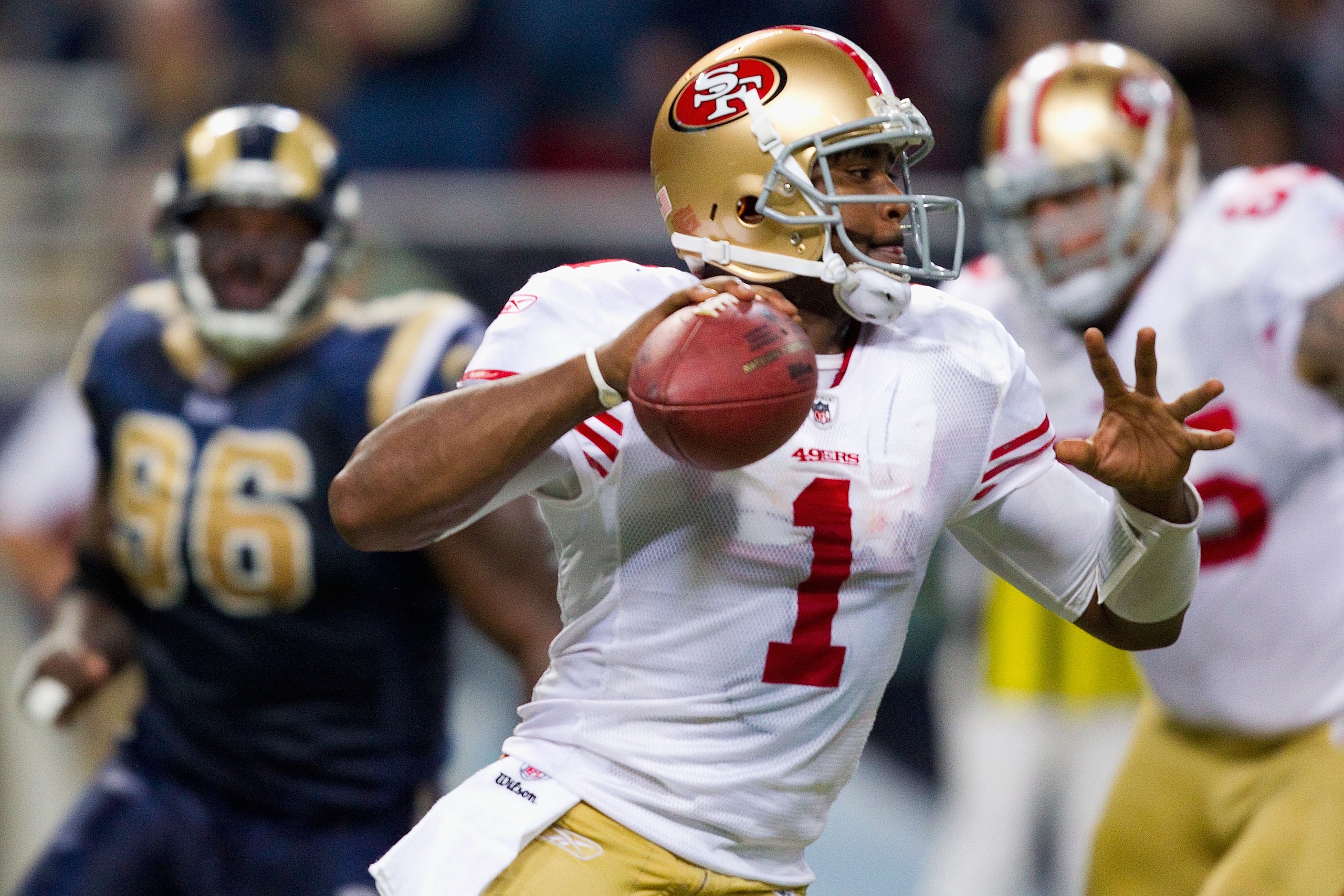 ST. LOUIS, MO - DECEMBER 26: Troy Smith #1 of the San Francisco 49ers looks to pass against the St. Louis Rams at the Edward Jones Dome on December 26, 2010 in St. Louis, Missouri. The Rams beat the 49ers 25-17. (Photo by Dilip Vishwanat/Getty Images) ST. LOUIS, MO - DECEMBER 26: Troy Smith #1 of the San Francisco 49ers looks to pass against the St. Louis Rams at the Edward Jones Dome on December 26, 2010 in St. Louis, Missouri. The Rams beat the 49ers 25-17. (Photo by Dilip Vishwanat/Getty Images)