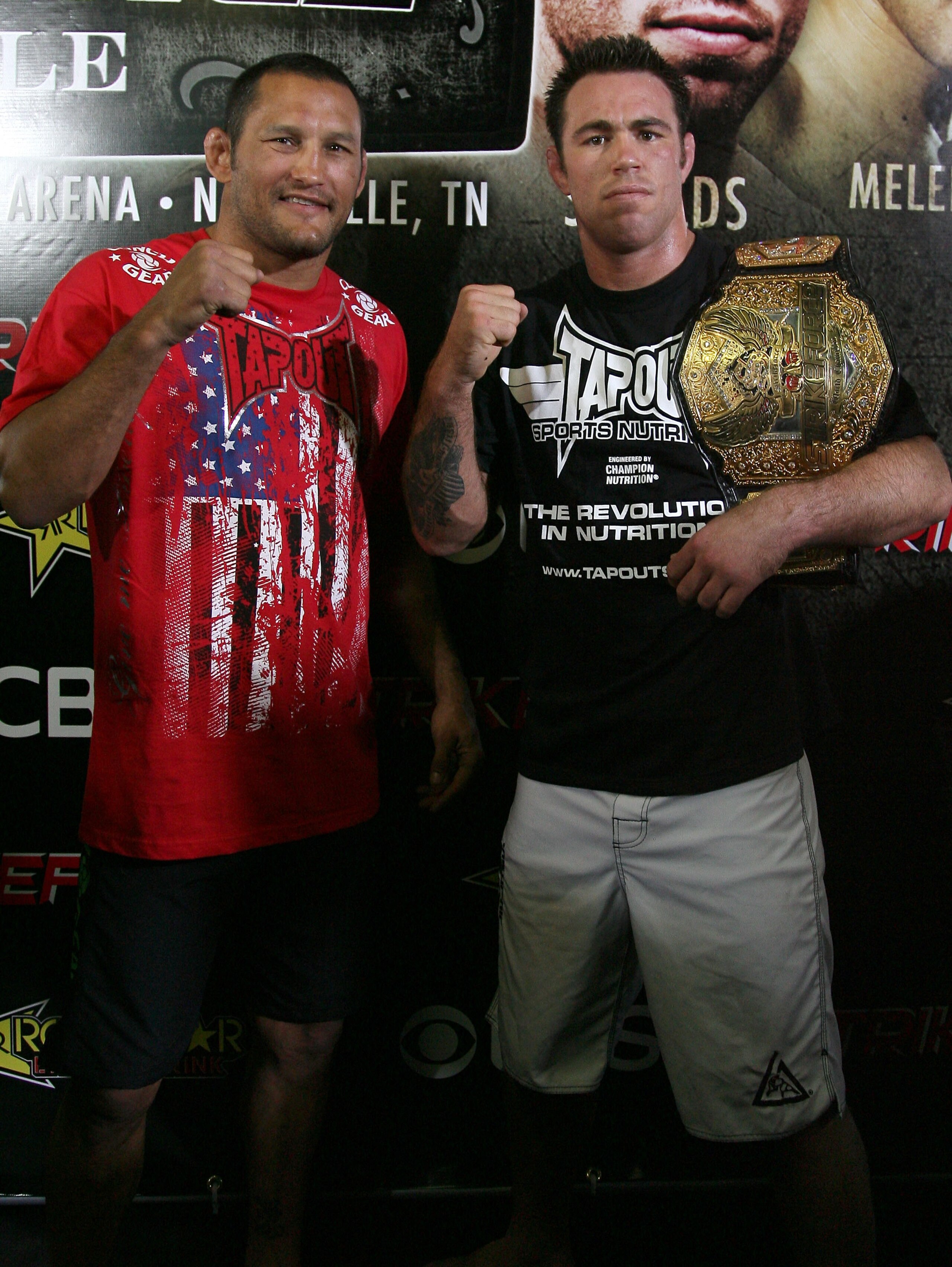 HOLLYWOOD - MARCH 17:  Legendary MMA Superstar and two time Olympic Wrestler Dan Henderson (L) and Strikeforce World Middleweight Champion Jake Shields (R)  attend the CBS' Strikeforce MMA Fighters Open Media Workout on March 17, 2010 in Hollywood, Califo