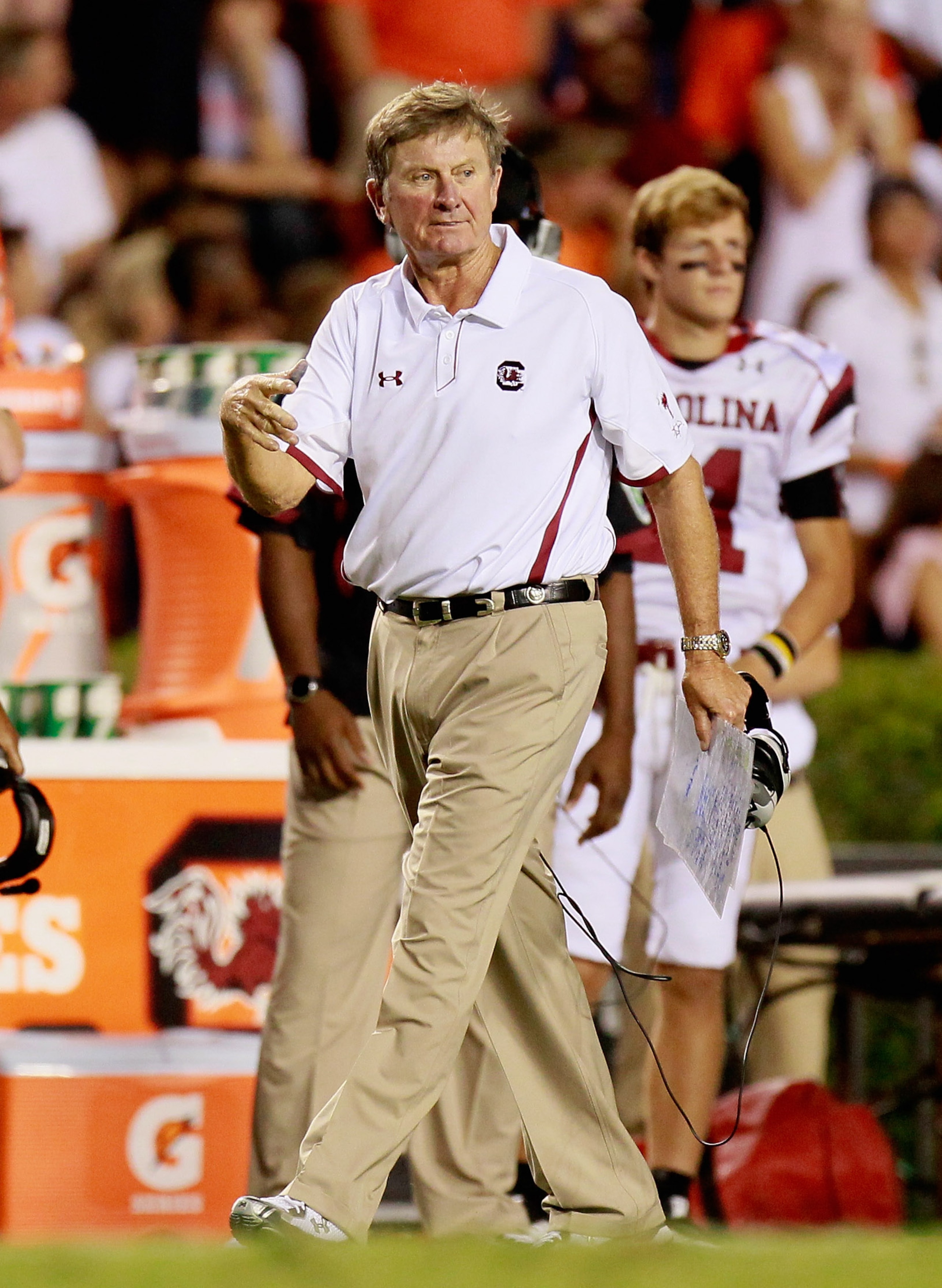 AUBURN, AL - SEPTEMBER 25:  Head coach Steve Spurrier of the South Carolina Gamecocks against the Auburn Tigers at Jordan-Hare Stadium on September 25, 2010 in Auburn, Alabama.  (Photo by Kevin C. Cox/Getty Images)