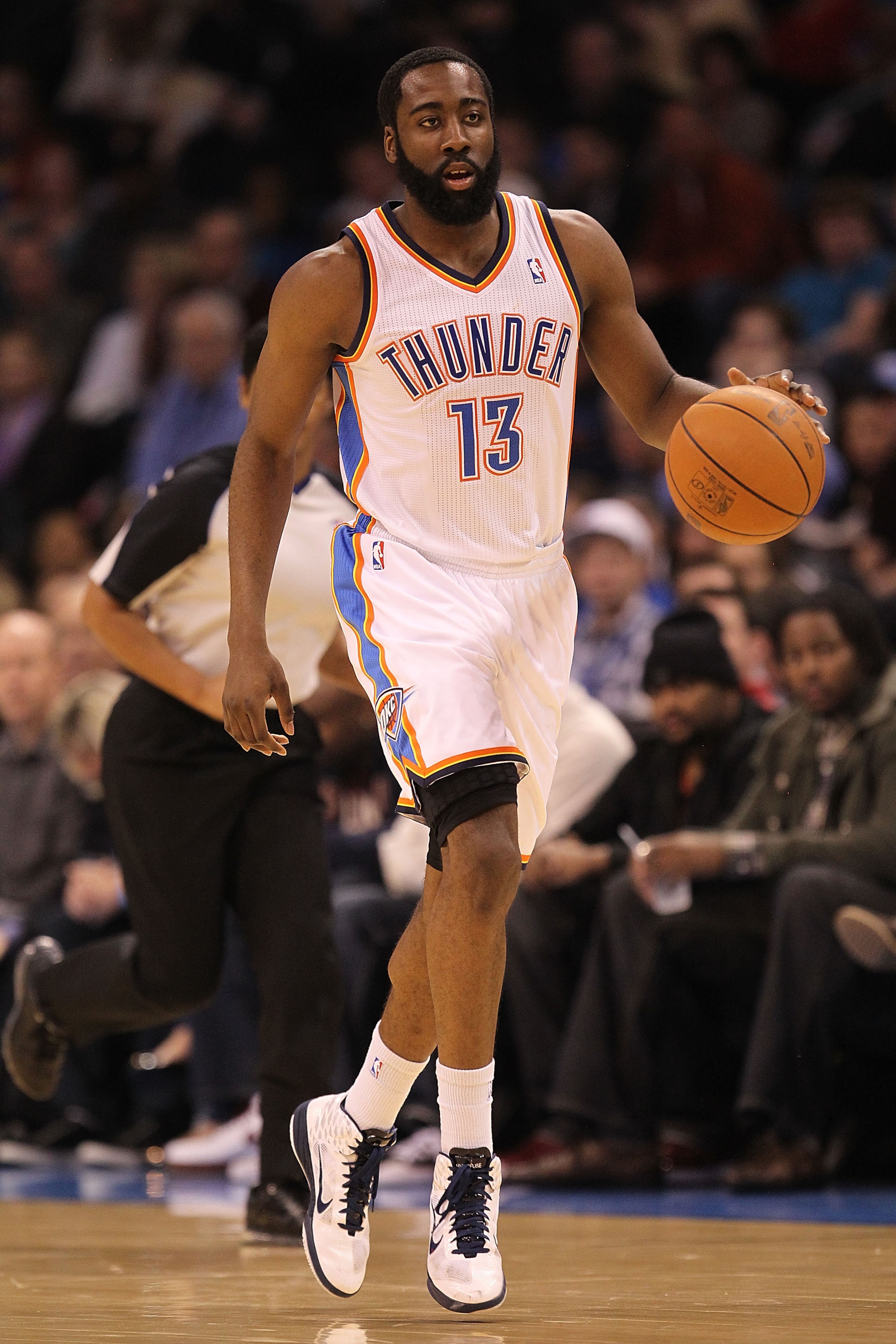 OKLAHOMA CITY, OK - JANUARY 30:  James Harden #13 of the Oklahoma City Thunder at Ford Center on January 30, 2011 in Oklahoma City, Oklahoma.  NOTE TO USER: User expressly acknowledges and agrees that, by downloading and or using this photograph, User is