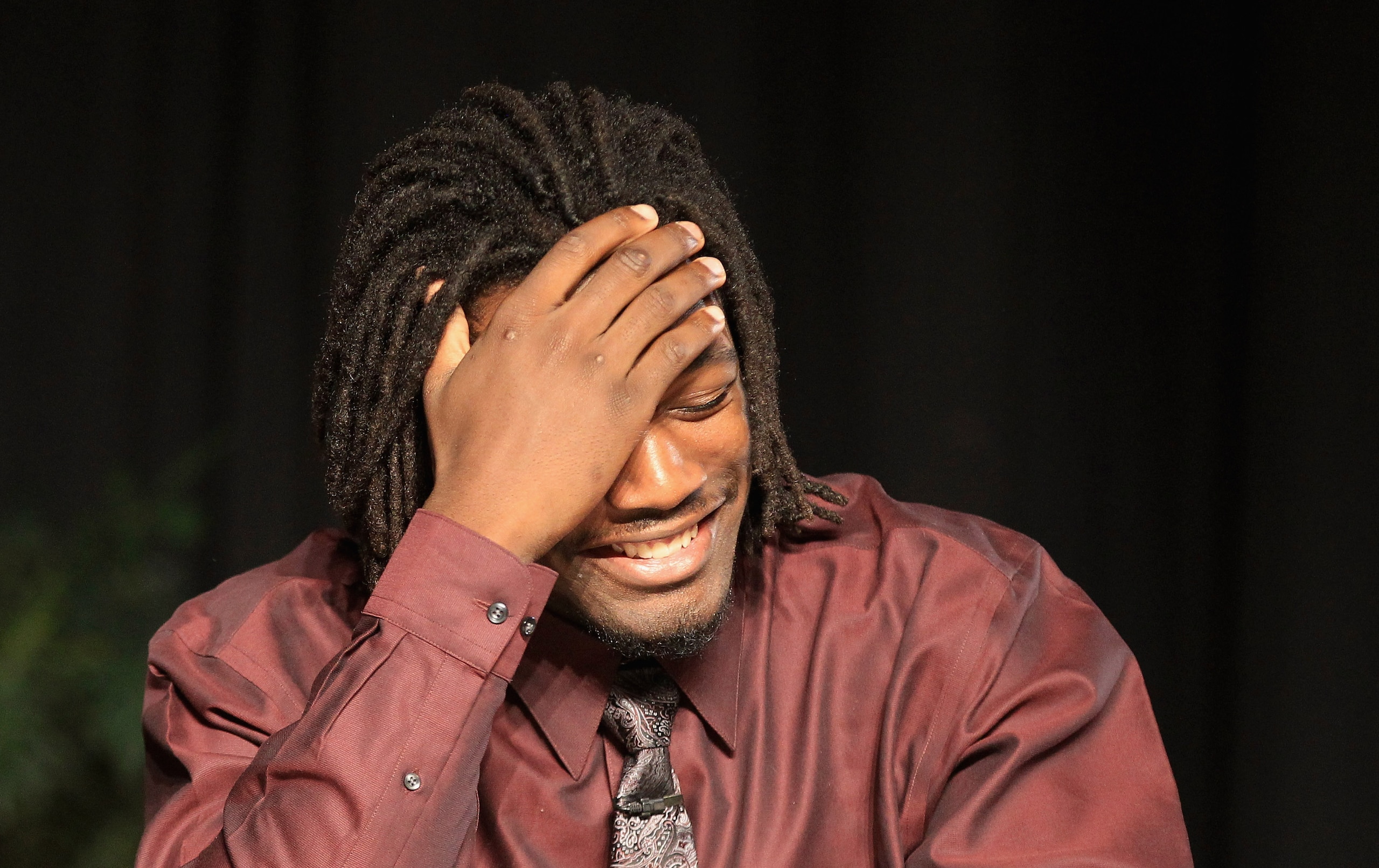 ROCK HILL, SC - FEBRUARY 14:  Jadeveon Clowney reacts before announcing his college football commitment to the University of South Carolina Gamecocks during a press conference at South Pointe High School on February 14, 2011 in Rock Hill, South Carolina.