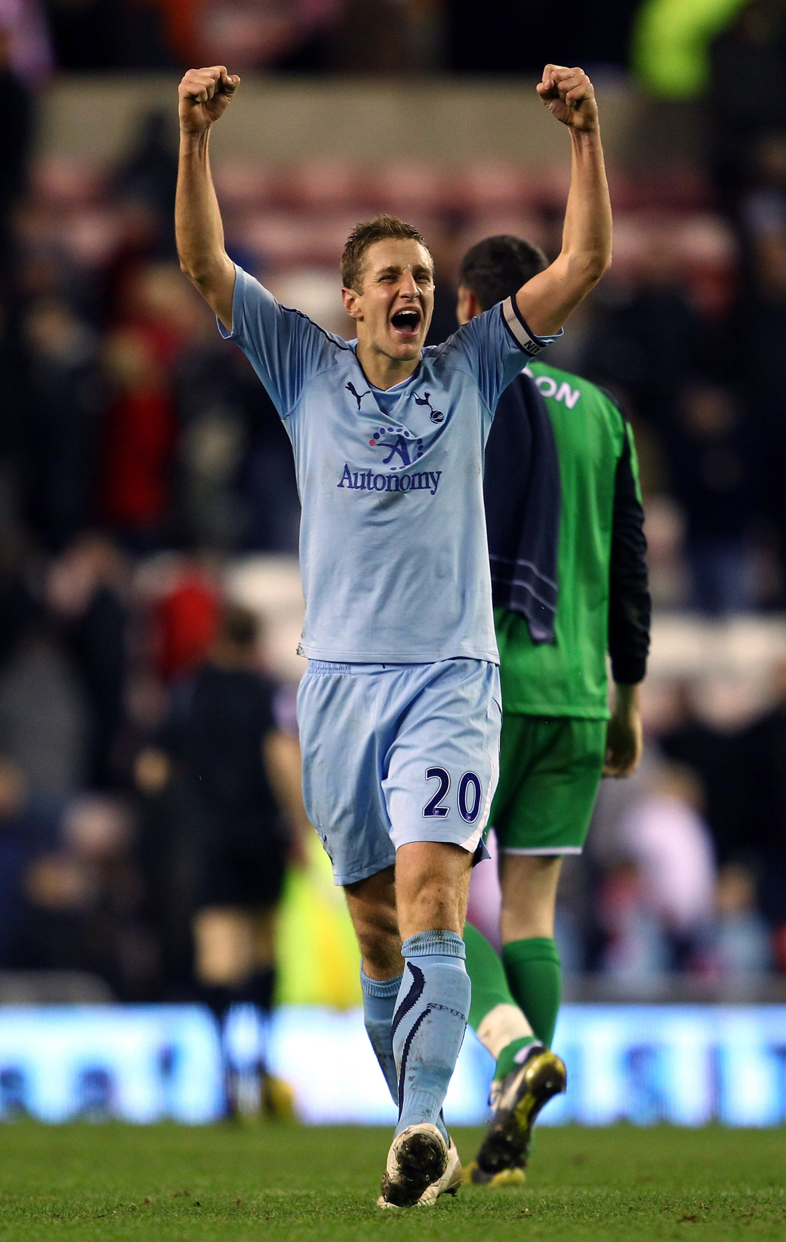 SUNDERLAND, ENGLAND - FEBRUARY 12:  Michael Dawson of Spurs celebrates defeating Sunderland after the Barclays Premier League match between Sunderland and Tottenham Hotspur at the Stadium of Light on February 12, 2011 in Sunderland, England.  (Photo by Ju