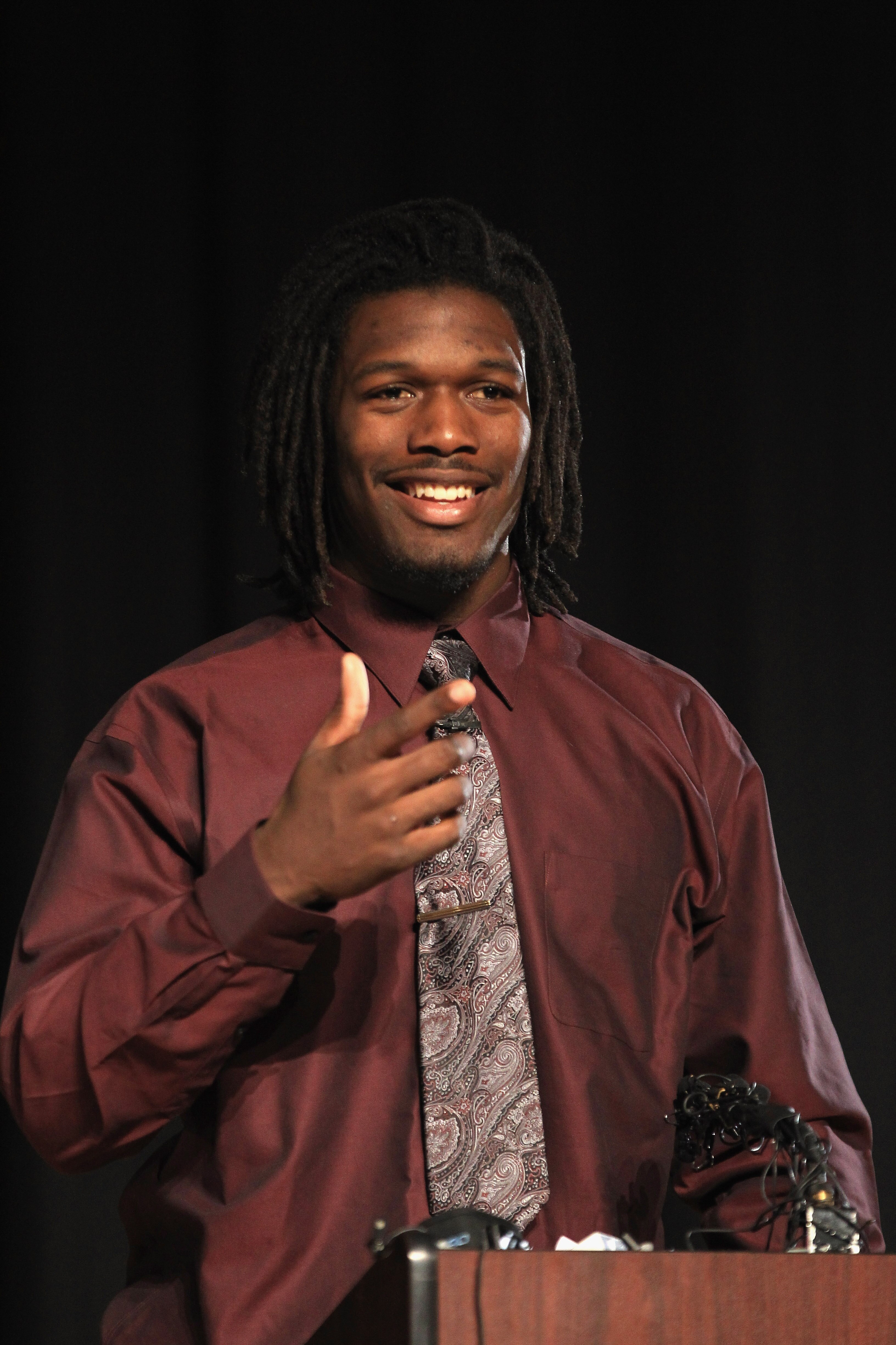 ROCK HILL, SC - FEBRUARY 14:  Jadeveon Clowney announces his college football commitment to the University of South Carolina Gamecocks during a press conference at South Pointe High School on February 14, 2011 in Rock Hill, South Carolina.  (Photo by Stre