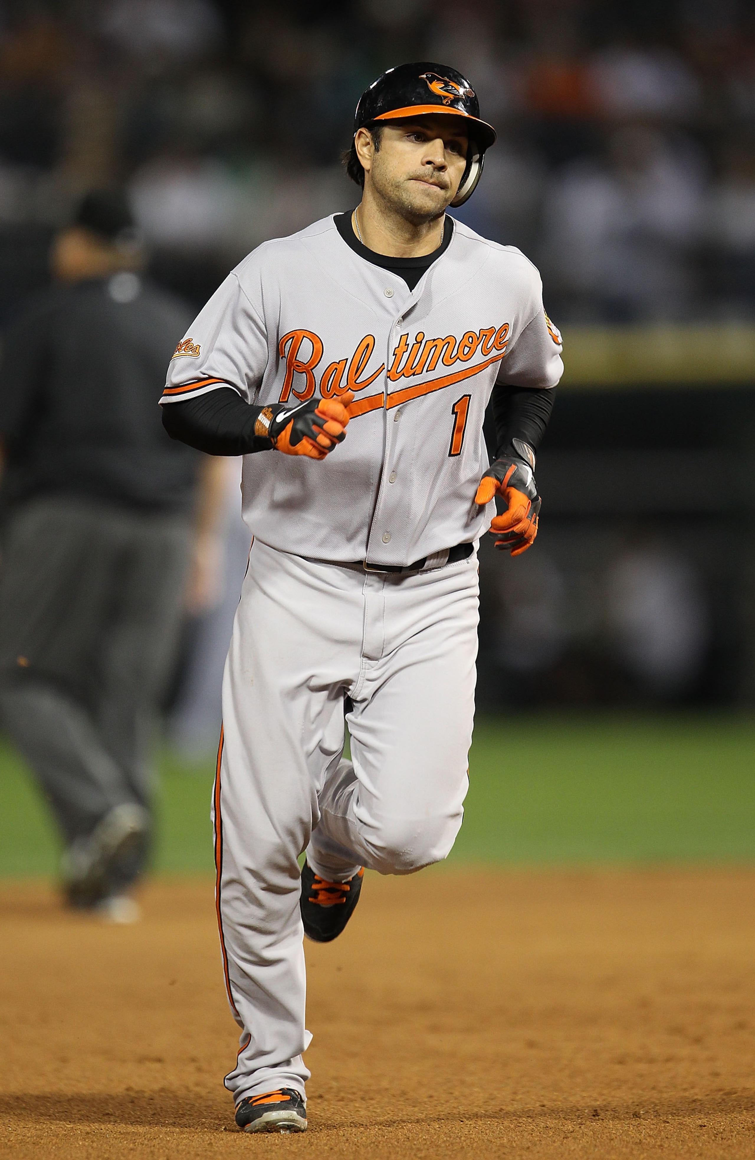 CHICAGO - AUGUST 25: Brian Roberts #1 of the Baltimore Orioles runs the bases after hitting a solo home run in the 7th inning against the Chicago White Sox at U.S. Cellular Field on August 25, 2010 in Chicago, Illinois. The Orioles defeated the White Sox 
