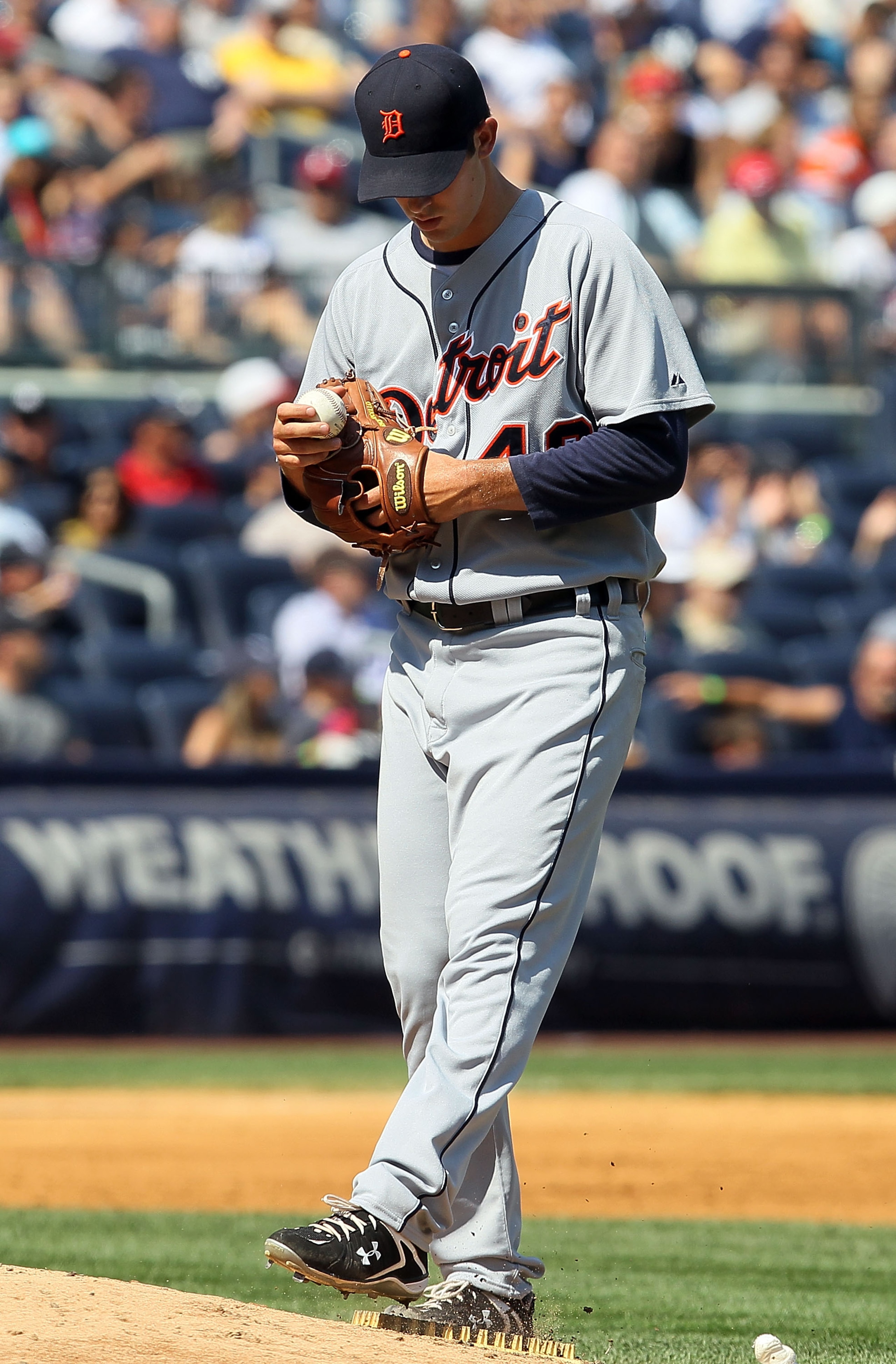 NEW YORK - AUGUST 19:  Rick Porcello #48 of the Detroit Tigers kicks at the mound during the sixth inning against the New York Yankees on August 19, 2010 at Yankee Stadium in the Bronx borough of New York City.  (Photo by Jim McIsaac/Getty Images)