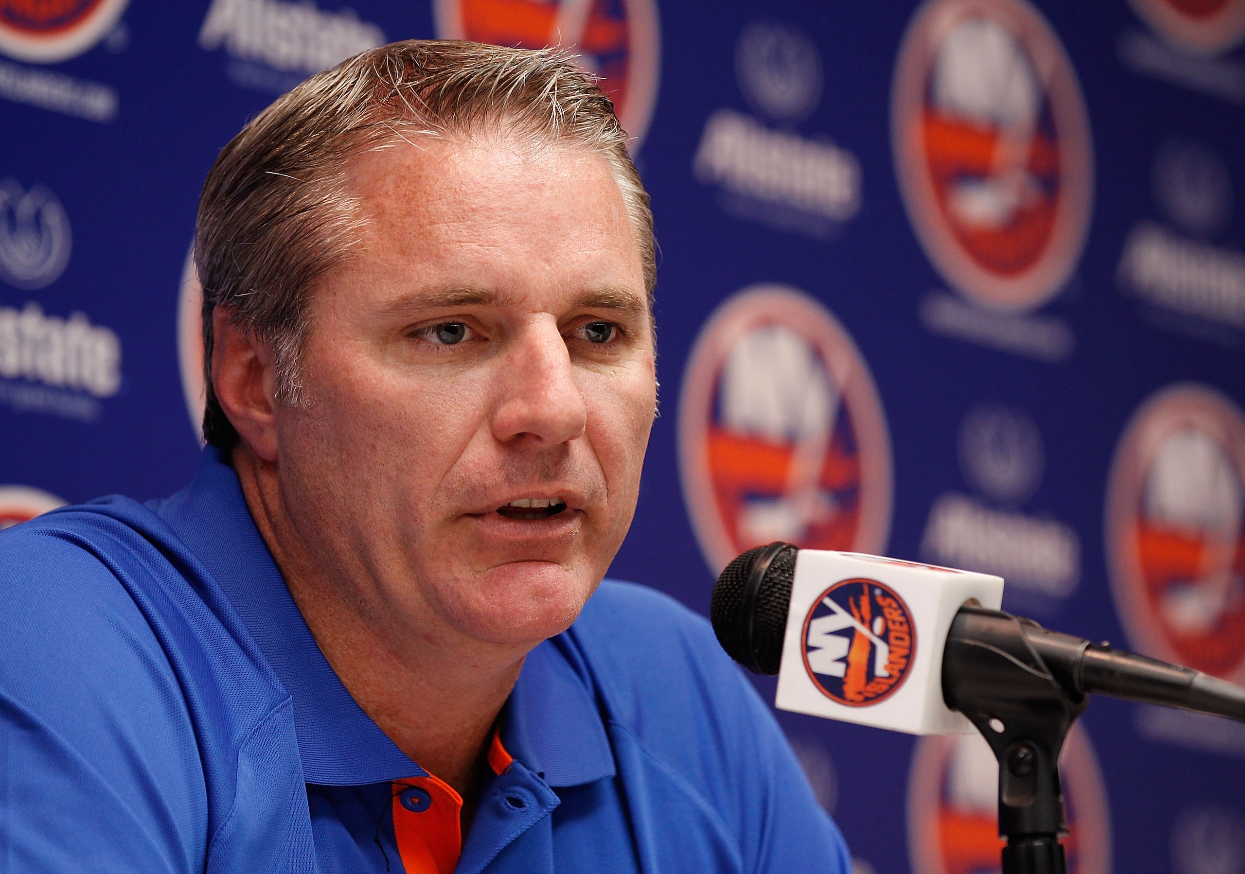 UNIONDALE, NY - SEPTEMBER 21:  General manager Garth Snow of the New York Islanders speaks to the media on September 21, 2010 at Nassau Coliseum in Uniondale.  (Photo by Mike Stobe/Getty Images)