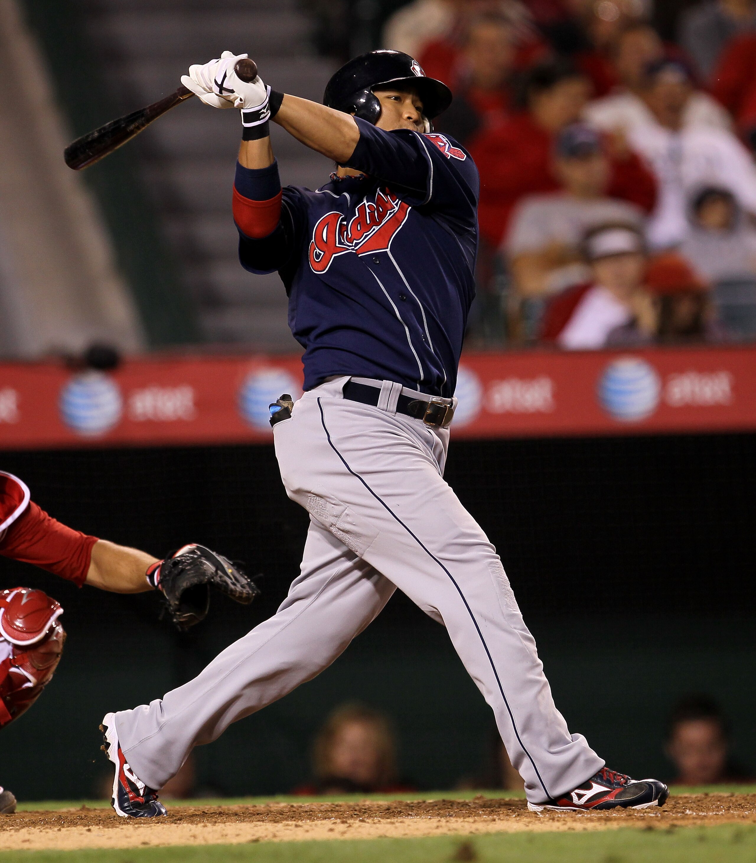 ANAHEIM, CA - SEPTEMBER 06:  Shin-Soo Choo #17 of the Cleveland Indians gets the game winning RBI with a single in the eighth inning against the Los Angeles Angels of Anaheim on September 6, 2010 at Angel Stadium in Anaheim, California. The  Indians won 3
