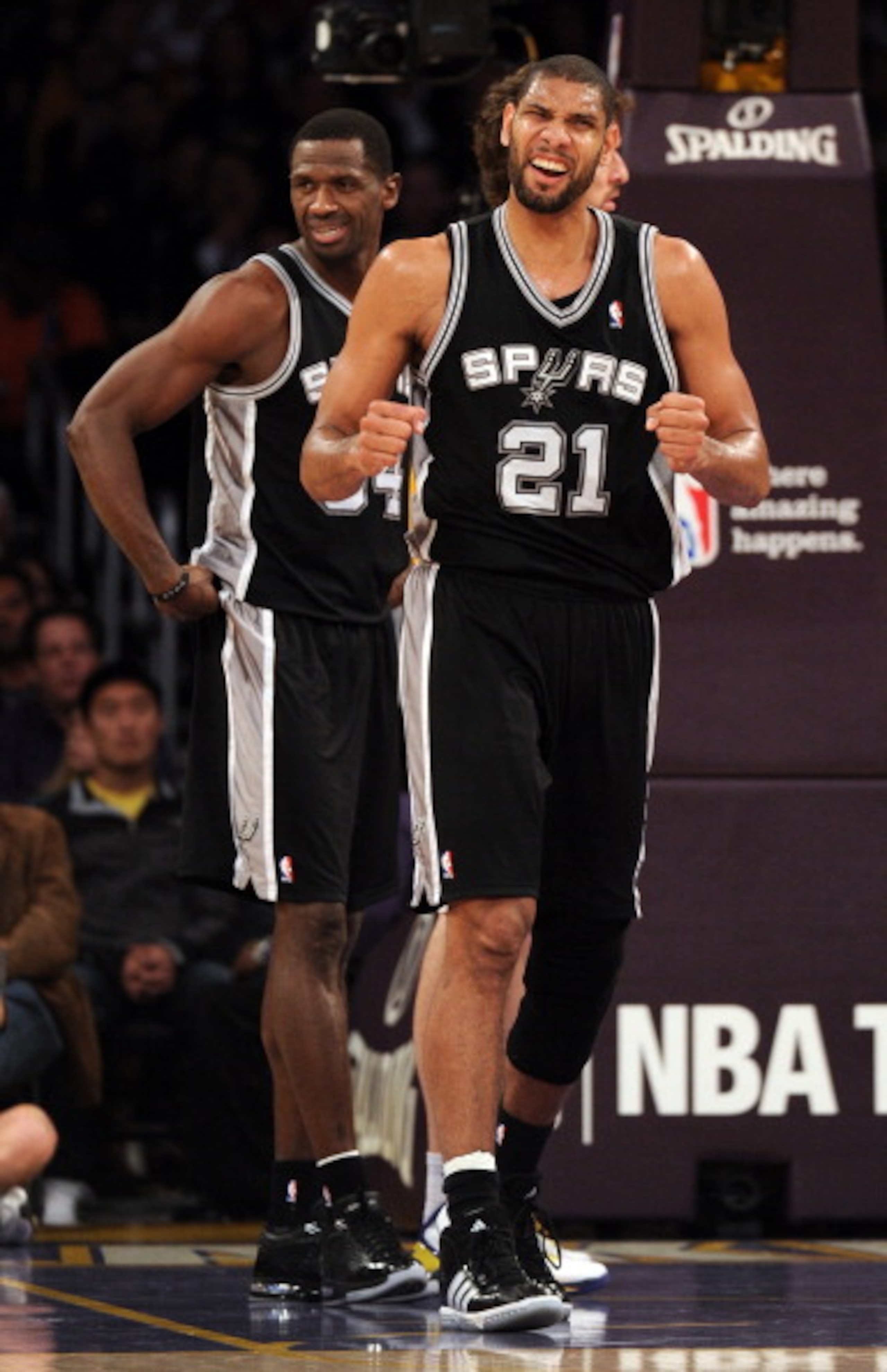 LOS ANGELES, CA - FEBRUARY 03: Tim Duncan #21 and Antonio McDyess #34 of the San Antonio Spurs react to a basket along with a foul against the Los Angeles Lakers at Staples Center on February 3, 2011 in Los Angeles, California. NOTE TO USER: User expres LOS ANGELES, CA - FEBRUARY 03: Tim Duncan #21 and Antonio McDyess #34 of the San Antonio Spurs react to a basket along with a foul against the Los Angeles Lakers at Staples Center on February 3, 2011 in Los Angeles, California. NOTE TO USER: User expres