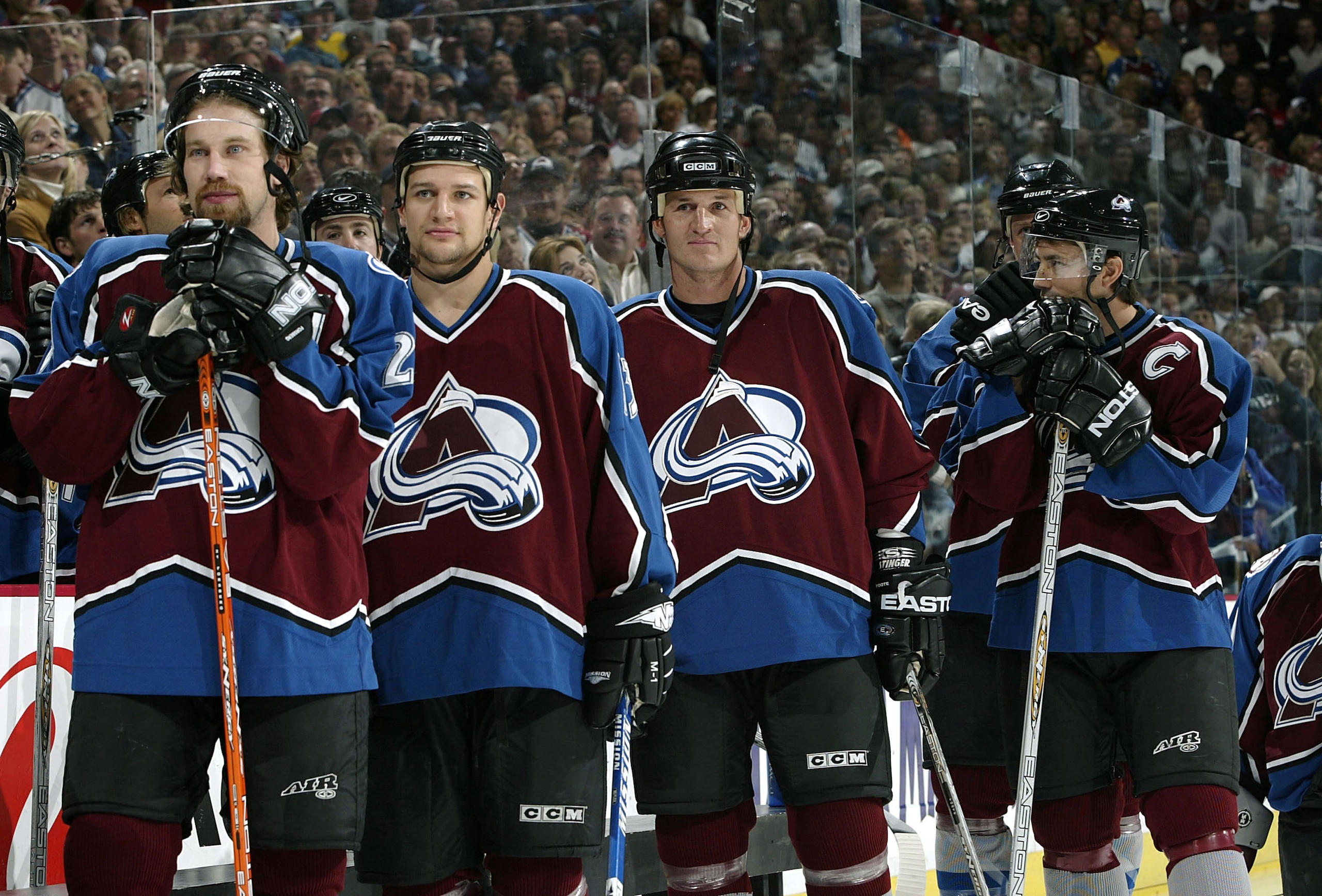 DENVER - OCTOBER 28: Peter Forsberg, Dan Hinote, Adam Foote, and Joe Sakic watch as retired goalie Patrick Roy of the Colorado Avalanche helps retire his number 33 prior to an Avalanche game against the Calgary Flames October 28, 2003 at the Pepsi Center DENVER - OCTOBER 28: Peter Forsberg, Dan Hinote, Adam Foote, and Joe Sakic watch as retired goalie Patrick Roy of the Colorado Avalanche helps retire his number 33 prior to an Avalanche game against the Calgary Flames October 28, 2003 at the Pepsi Center