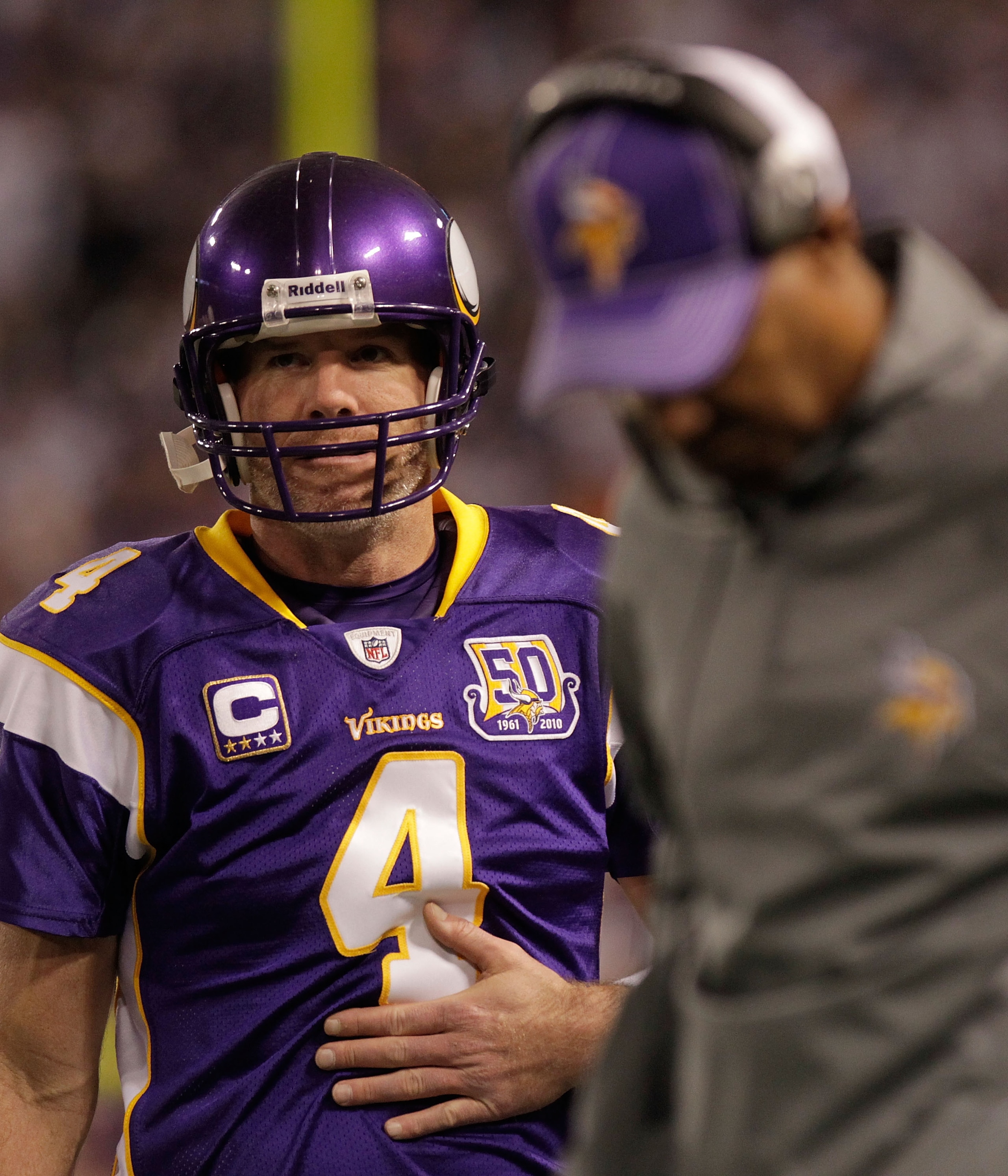MINNEAPOLIS, MN - DECEMBER 05: Brett Favre #4 of the Minnesota Vikings on the sideline during the game against the Buffalo Bills at the Mall of America Field at the Hubert H. Humphrey Metrodome on December 5, 2010 in Minneapolis, Minnesota. (Photo by Ni MINNEAPOLIS, MN - DECEMBER 05: Brett Favre #4 of the Minnesota Vikings on the sideline during the game against the Buffalo Bills at the Mall of America Field at the Hubert H. Humphrey Metrodome on December 5, 2010 in Minneapolis, Minnesota. (Photo by Ni