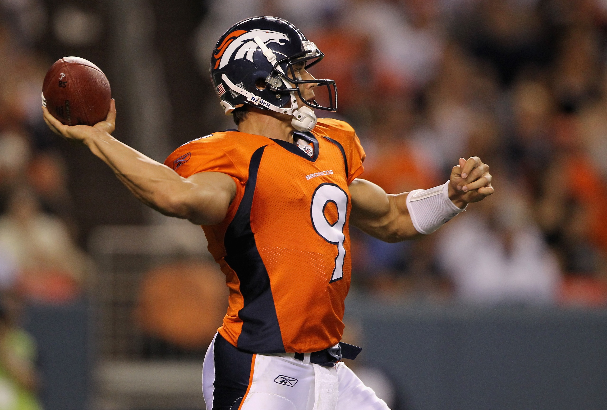 DENVER - AUGUST 21: Quarterback Brady Quinn #9 of the Denver Broncos delivers a pass against the Detroit Lions during preseason NFL action at INVESCO Field at Mile High on August 21, 2010 in Denver, Colorado. The Lions defeated the Broncos 25-20. (Photo DENVER - AUGUST 21: Quarterback Brady Quinn #9 of the Denver Broncos delivers a pass against the Detroit Lions during preseason NFL action at INVESCO Field at Mile High on August 21, 2010 in Denver, Colorado. The Lions defeated the Broncos 25-20. (Photo