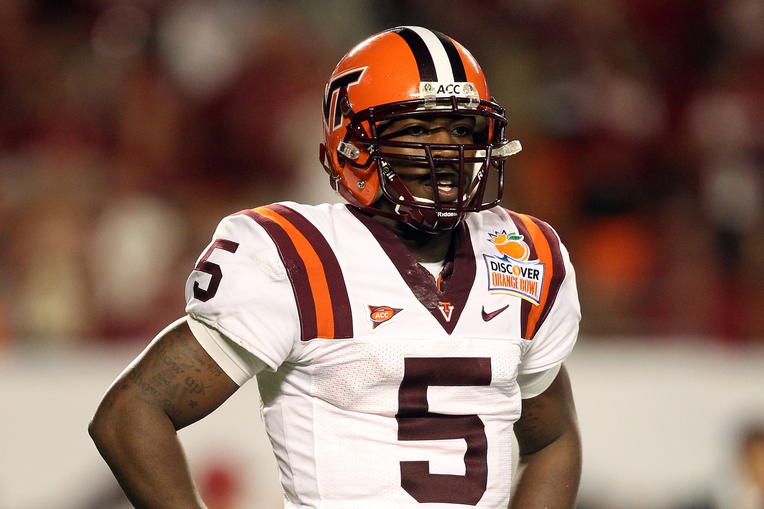 MIAMI, FL - JANUARY 03:  Tyrod Taylor #5 of the Virginia Tech Hokies look towards the sideline against the Stanford Cardinal during the 2011 Discover Orange Bowl at Sun Life Stadium on January 3, 2011 in Miami, Florida. Stanford won 40-12.  (Photo by Stre