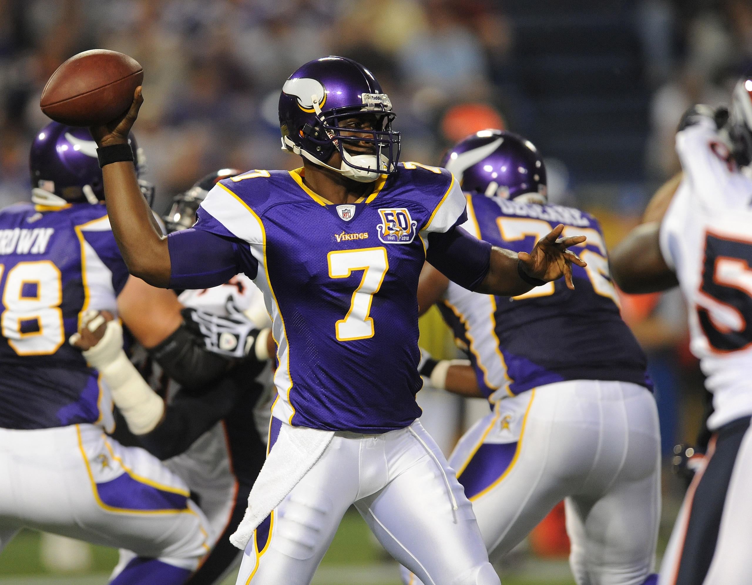 MINNEAPOLIS - SEPTEMBER 2: Tarvaris Jackson #7 of the Minnesota Vikings passes the ball during an NFL preseason game against the Denver Broncos at the Mall of America Field at Hubert H. Humphrey Metrodome, on September 2, 2010 in Minneapolis, Minnesota. MINNEAPOLIS - SEPTEMBER 2: Tarvaris Jackson #7 of the Minnesota Vikings passes the ball during an NFL preseason game against the Denver Broncos at the Mall of America Field at Hubert H. Humphrey Metrodome, on September 2, 2010 in Minneapolis, Minnesota.