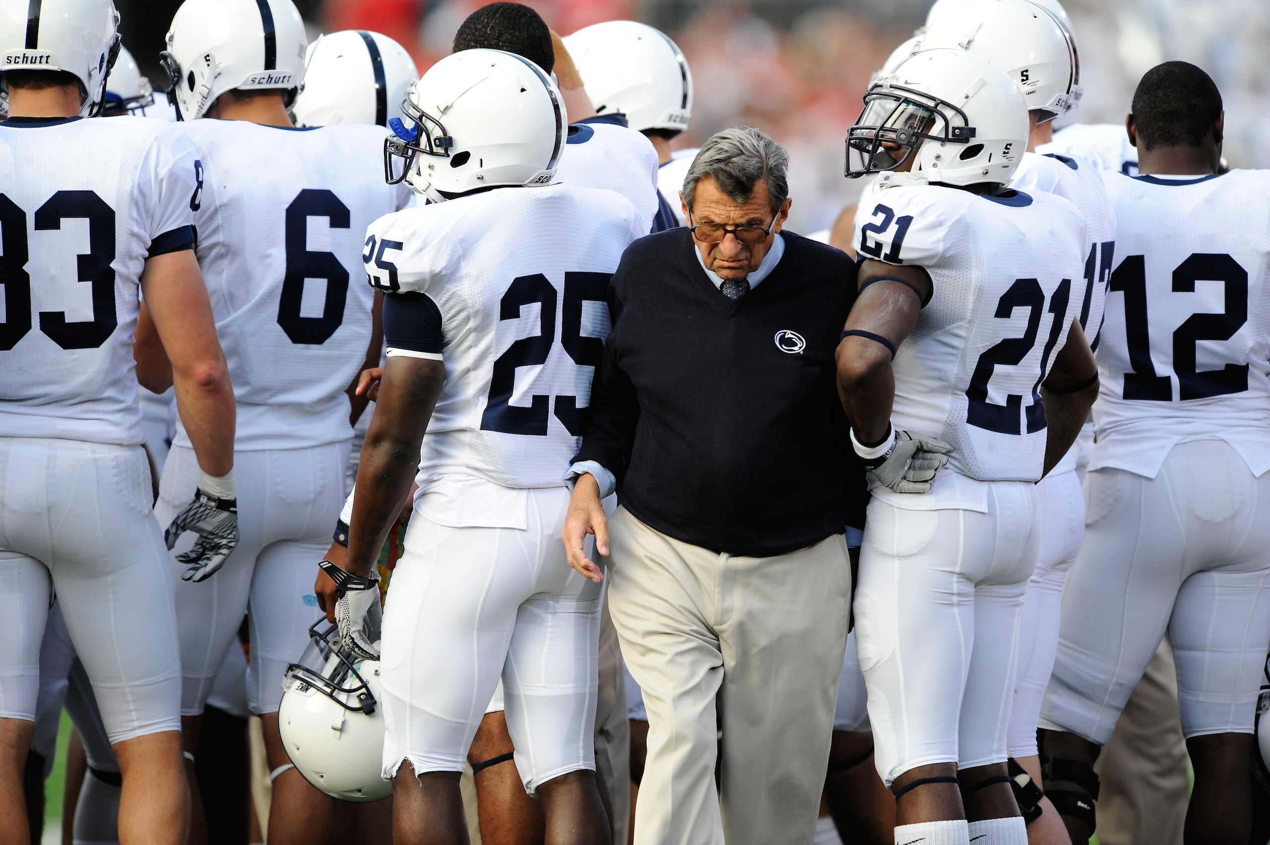 COLUMBUS, OH - NOVEMBER 13: Head Coach Joe Paterno of the Penn State Nittany Lions pushes his way through a group of his players during a timeout in a game against the Ohio State Buckeyes at Ohio Stadium on November 13, 2010 in Columbus, Ohio. (Photo by COLUMBUS, OH - NOVEMBER 13: Head Coach Joe Paterno of the Penn State Nittany Lions pushes his way through a group of his players during a timeout in a game against the Ohio State Buckeyes at Ohio Stadium on November 13, 2010 in Columbus, Ohio. (Photo by