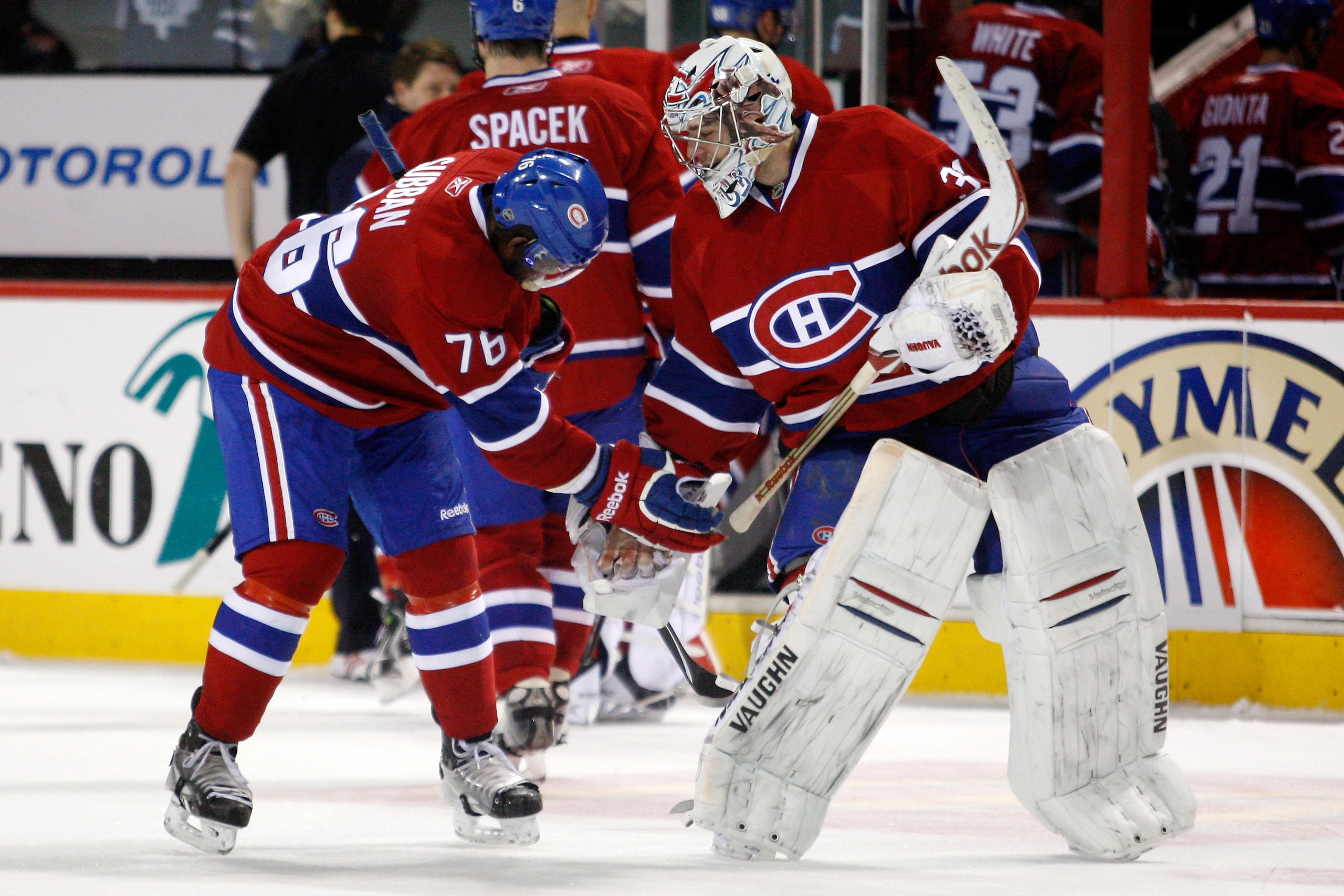 MONTREAL, CANADA - FEBRUARY 12:  P.K. Subban #76 of the Montreal Canadiens celebrates with teammate Carey Price #31 after defeating the Toronto Maple Leafs during the NHL game at the Bell Centre on February 12, 2011 in Montreal, Quebec, Canada.  The Canad