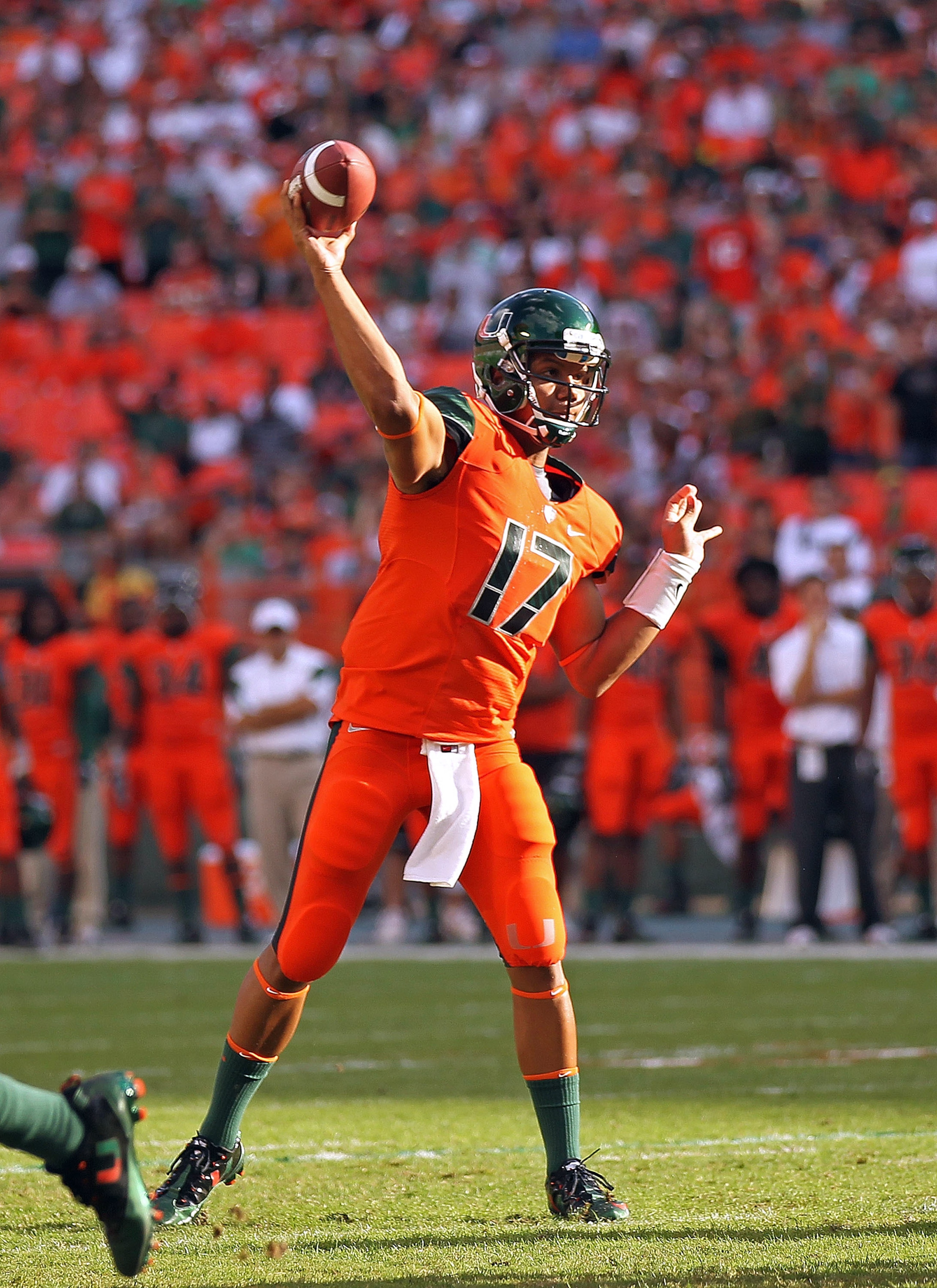 MIAMI - NOVEMBER 20:  Stephen Morris #17 of the Miami Hurricanes passes during a game against the Virginia Tech Hokies at Sun Life Stadium on November 20, 2010 in Miami, Florida.  (Photo by Mike Ehrmann/Getty Images)