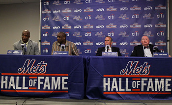 NEW YORK - JULY 31:  (L-R) Former players Darryl Strawberry and Dwight Gooden join former manager Davey Johnson and former general manager Frank Cashen during a press conference for their induction into the New York Mets Hall of Fame prior to the game aga