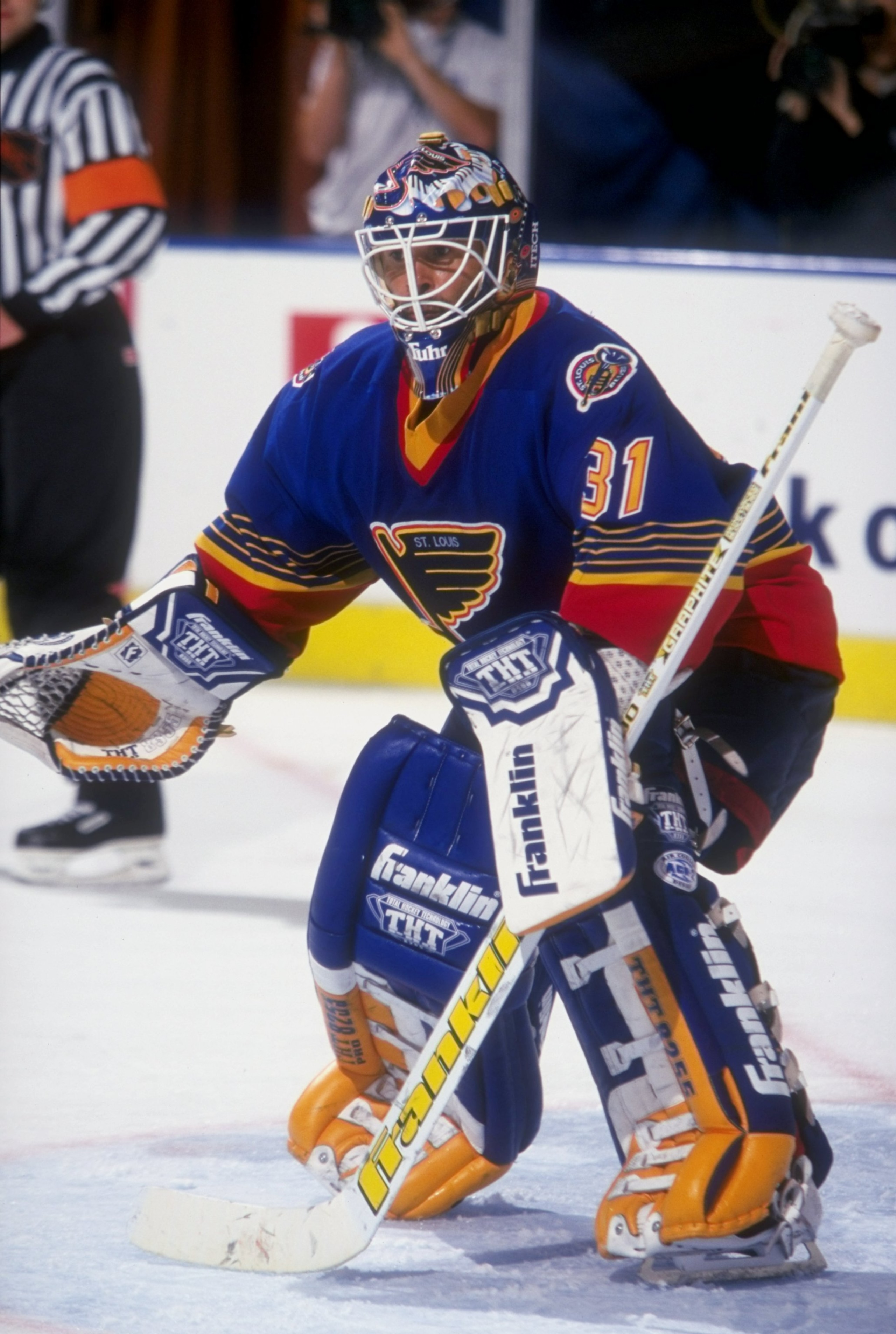 29 Apr 1998:  Goaltender Grant Fuhr of the St. Louis Blues in action during a game against the Los Angeles Kings at the Great Western Forum in Inglewood, California. The Blues defeated the Kings 2-1. Mandatory Credit: Todd Warshaw  /Allsport