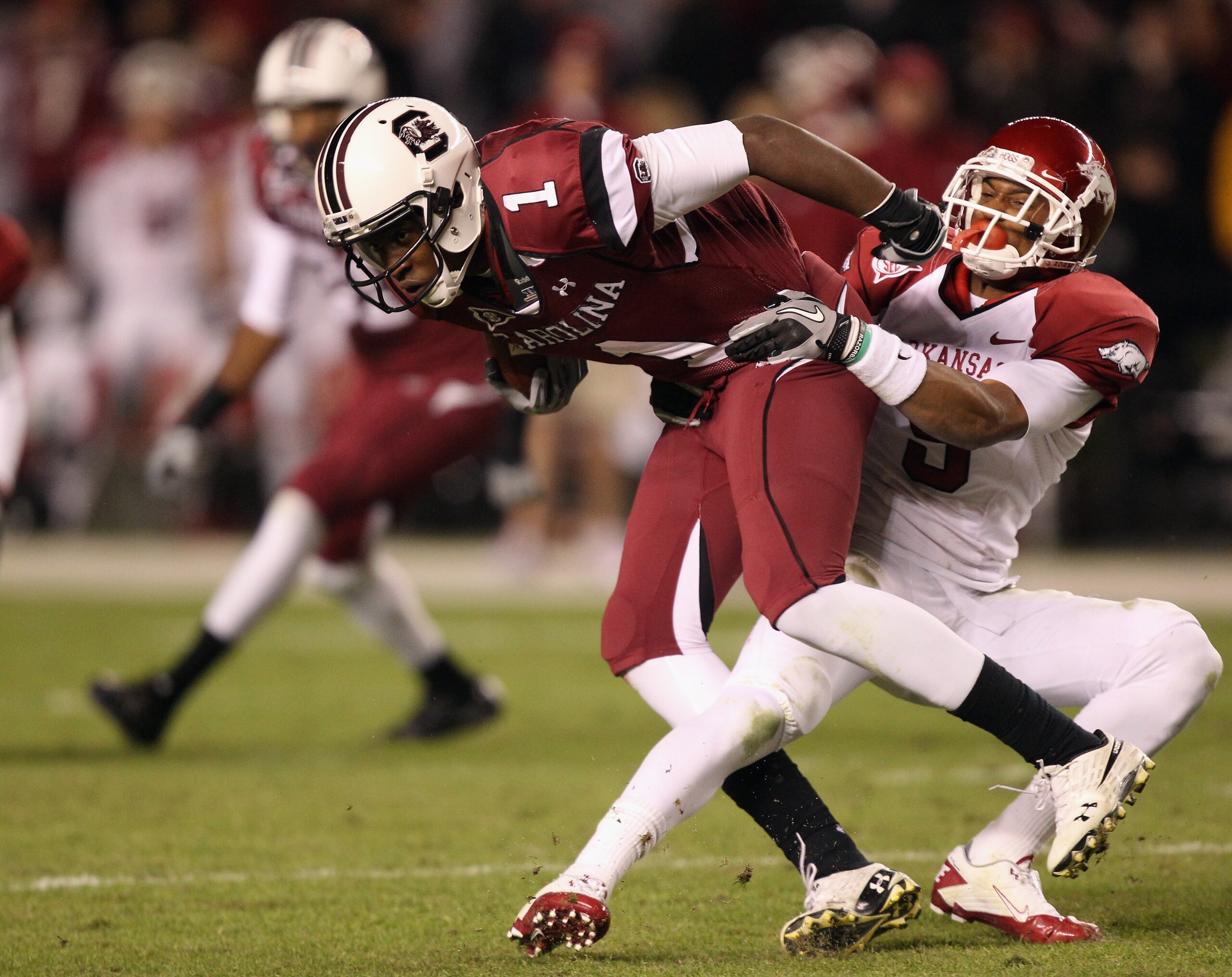 COLUMBIA, SC - NOVEMBER 06: Alshon Jeffery #1 of the South Carolina Gamecocks is tackled by Elton Ford #9 during their game at Williams-Brice Stadium on November 6, 2010 in Columbia, South Carolina.  (Photo by Streeter Lecka/Getty Images)