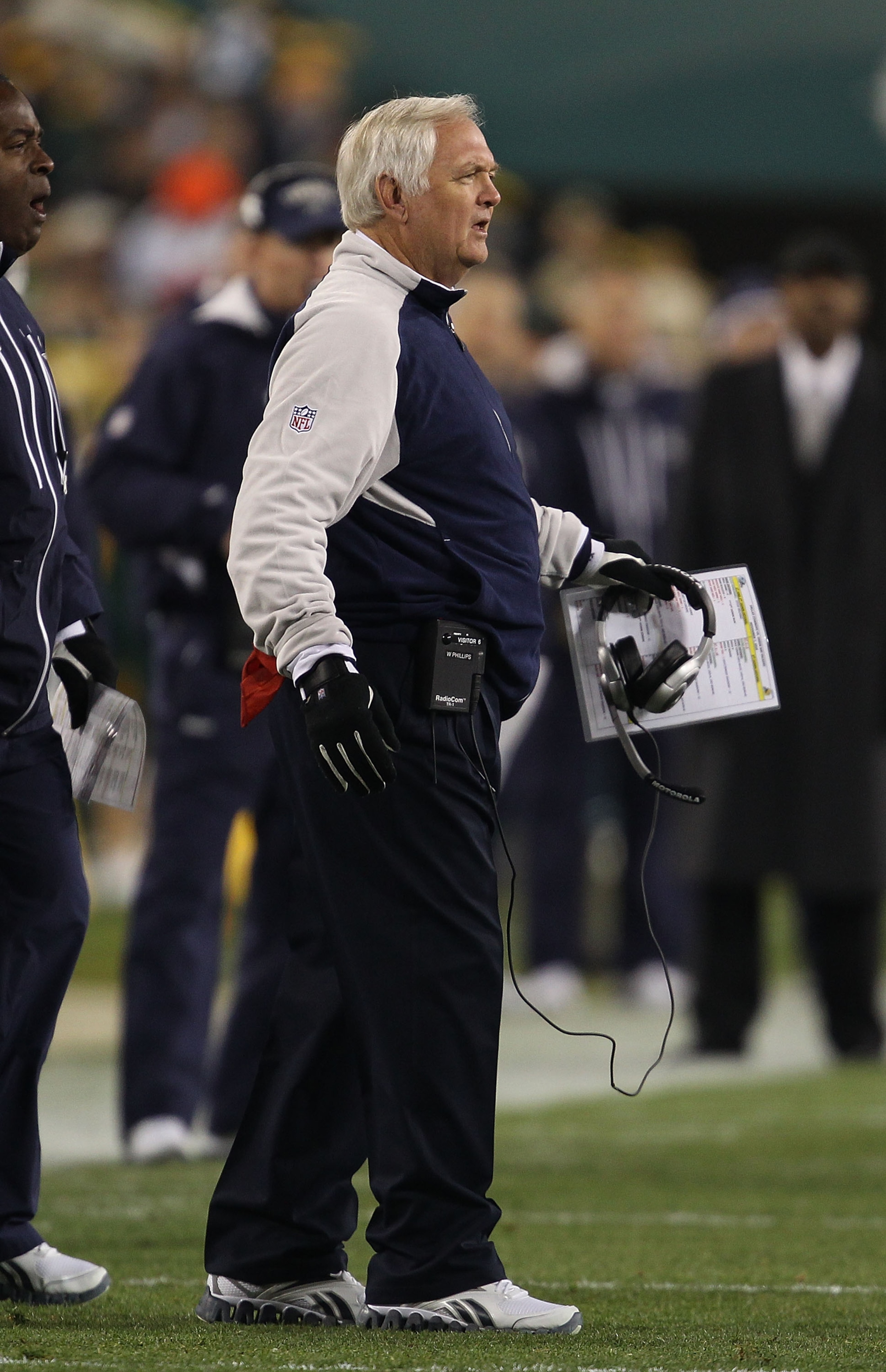 GREEN BAY, WI - NOVEMBER 07: Head coach Wade Phillips of the Dallas Cowboys complains to a referee during a game against the Green Bay Packers at Lambeau Field on November 7, 2010 in Green Bay, Wisconsin. The Packers defeated the Cowboys 45-7.  (Photo by