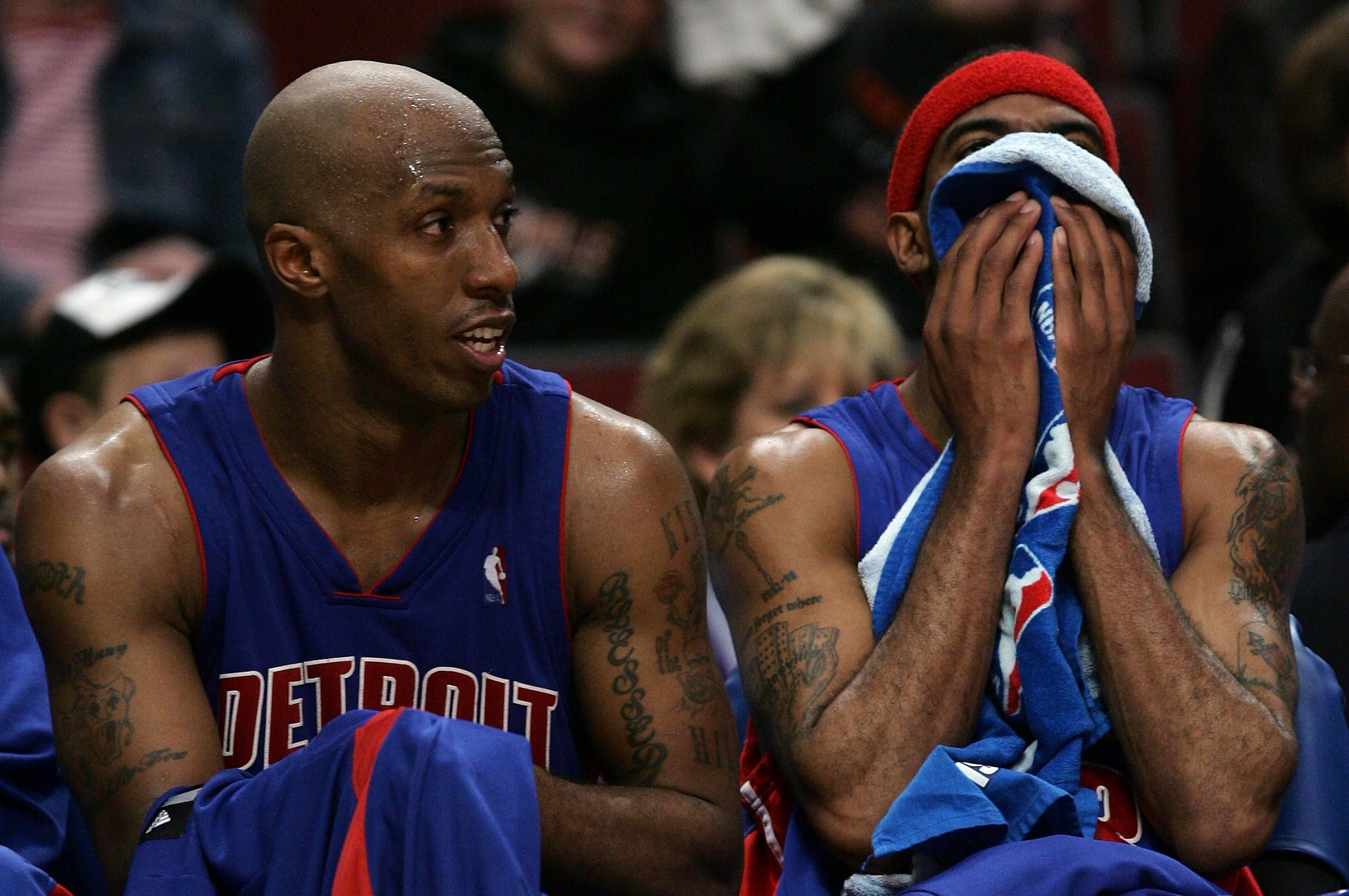 CHICAGO - MAY 13:  (L-R) Chauncey Billups #1 and Richard Hamilton #32 of the Detroit Pistons sit on the bench late in the fourth quarter against the Chicago Bulls in Game Four of the Eastern Conference Semifinals during the 2007 NBA Playoffs at the United