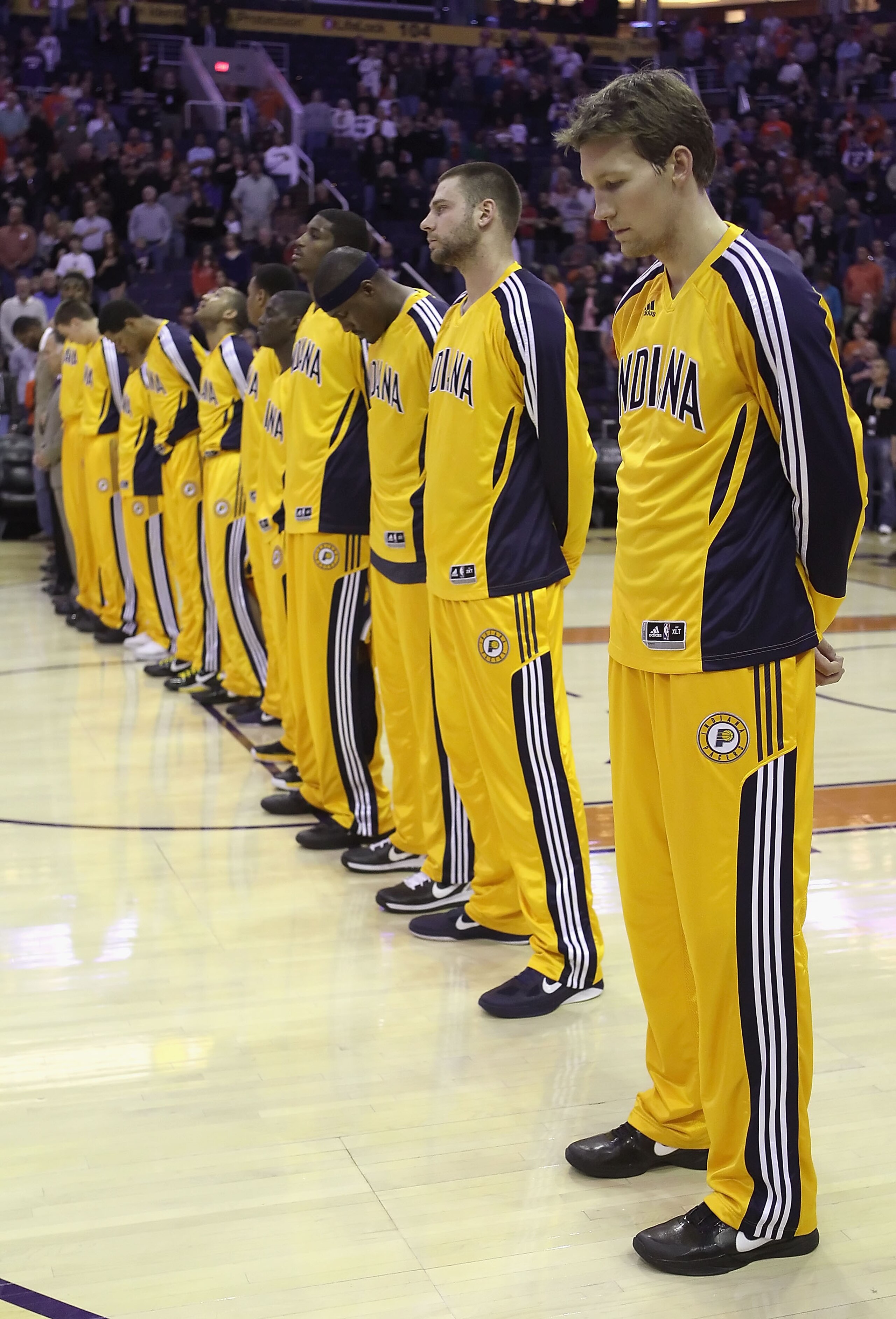 PHOENIX - DECEMBER 03:  Mike Dunleavy #17 of the Indiana Pacers stands with teammates for the National Anthem before the NBA game against the Phoenix Suns at US Airways Center on December 3, 2010 in Phoenix, Arizona. NOTE TO USER: User expressly acknowled