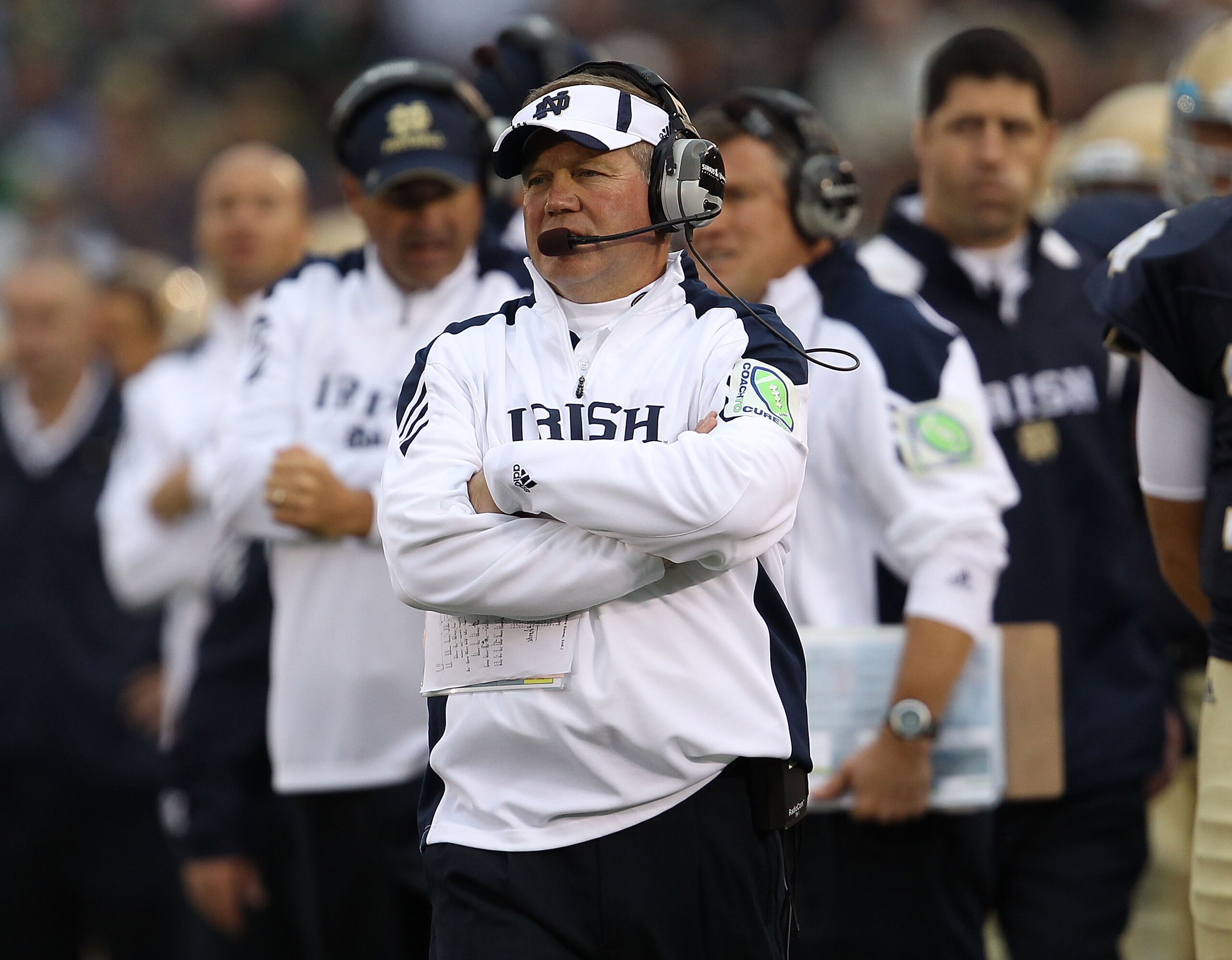 SOUTH BEND, IN - SEPTEMBER 25: Head coach Brian Kelly of the Notre Dame Fighting Irish watches as his team takes on the Stanford Cardinal at Notre Dame Stadium on September 25, 2010 in South Bend, Indiana. Stanford defeated Notre Dame 37-14.  (Photo by Jo