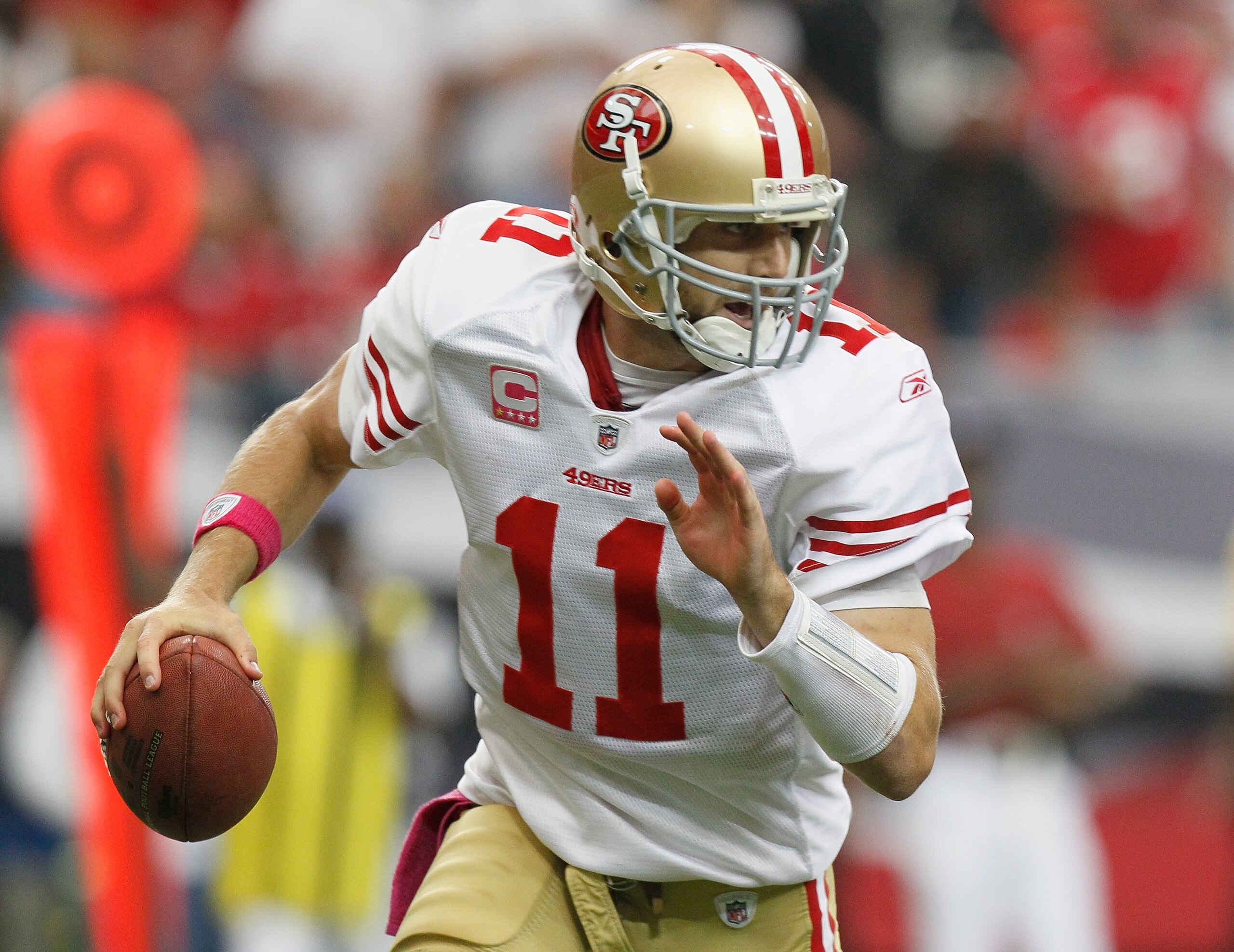 ATLANTA - OCTOBER 03: Quarterback Alex Smith #11 of the San Francisco 49ers against the Atlanta Falcons at Georgia Dome on October 3, 2010 in Atlanta, Georgia. (Photo by Kevin C. Cox/Getty Images) ATLANTA - OCTOBER 03: Quarterback Alex Smith #11 of the San Francisco 49ers against the Atlanta Falcons at Georgia Dome on October 3, 2010 in Atlanta, Georgia. (Photo by Kevin C. Cox/Getty Images)